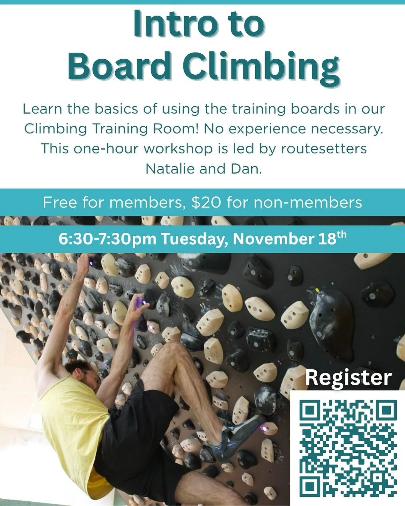 Learn the basics of using all the training boards in our Climbing Training Room! Register using the link to our calendar that is in our bio. 

This class covers:
-Tension Board 2
-Spray wall
-Campus board
-Hangboards
-Treadwall 

See you there!!

#ho