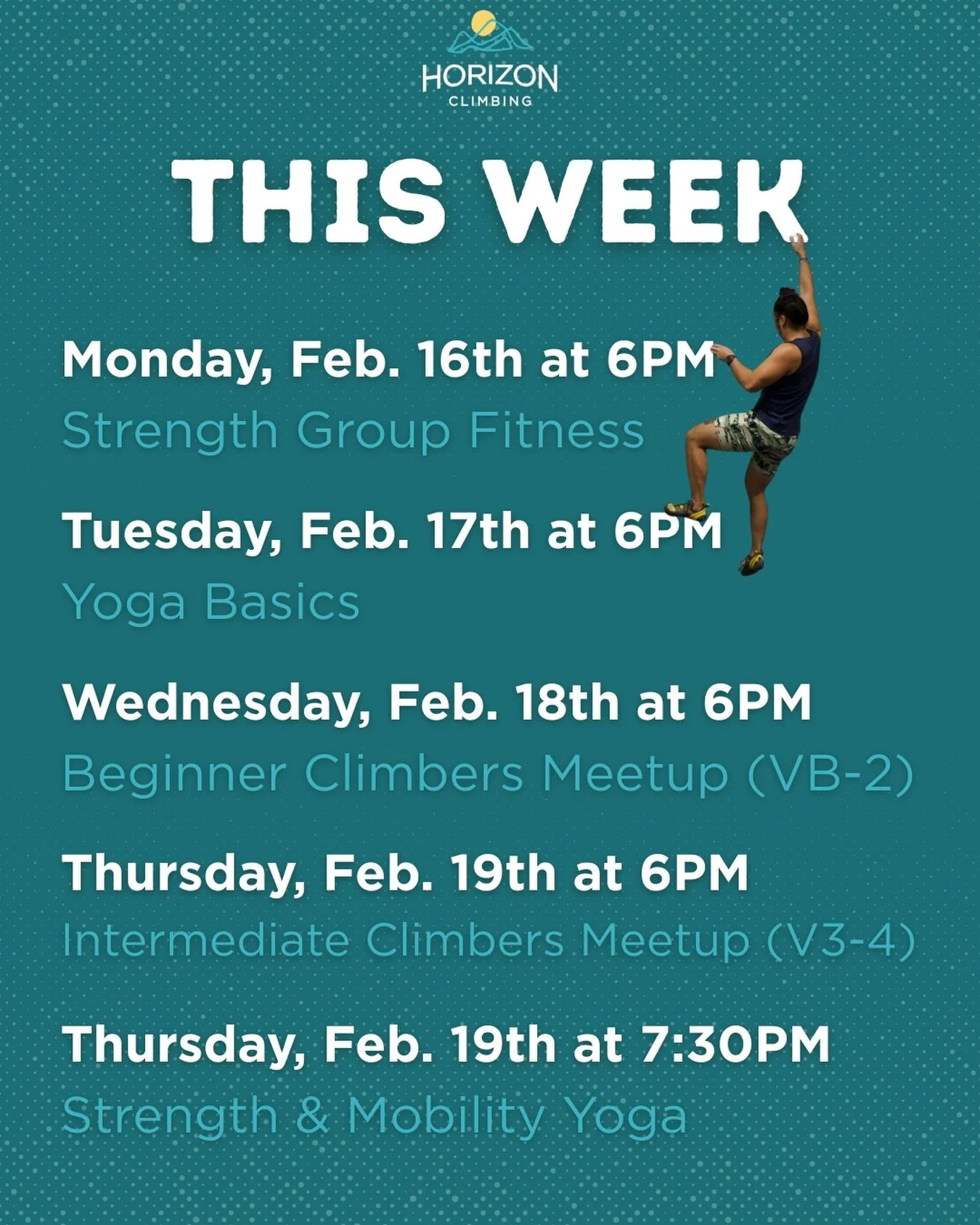 Come hang out with us this week! We&rsquo;ve got group fitness/yoga and two climber meetups! Sign up for group fitness and yoga using our online calendar (link in bio).

#horizonclimbing #bouldering #champaignurbana #uiuc #climbing