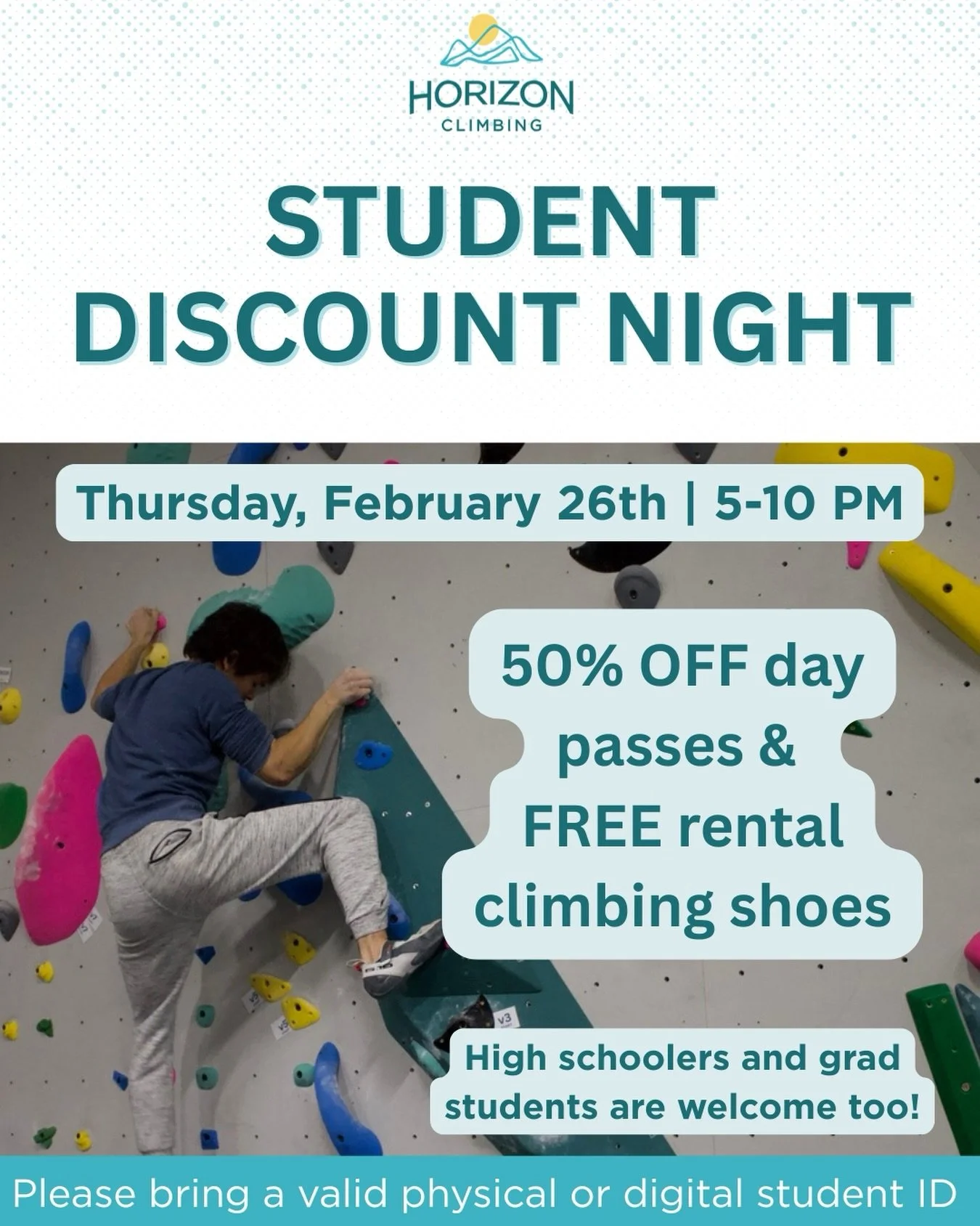 Calling all students! Join us every last Thursday of the month for our student discount nights! Get $10 day passes and FREE rental climbing shoes from 5 to 10pm 🎉

#horizonclimbing #uiuc #studentdiscount #champaignil #champaignurbana