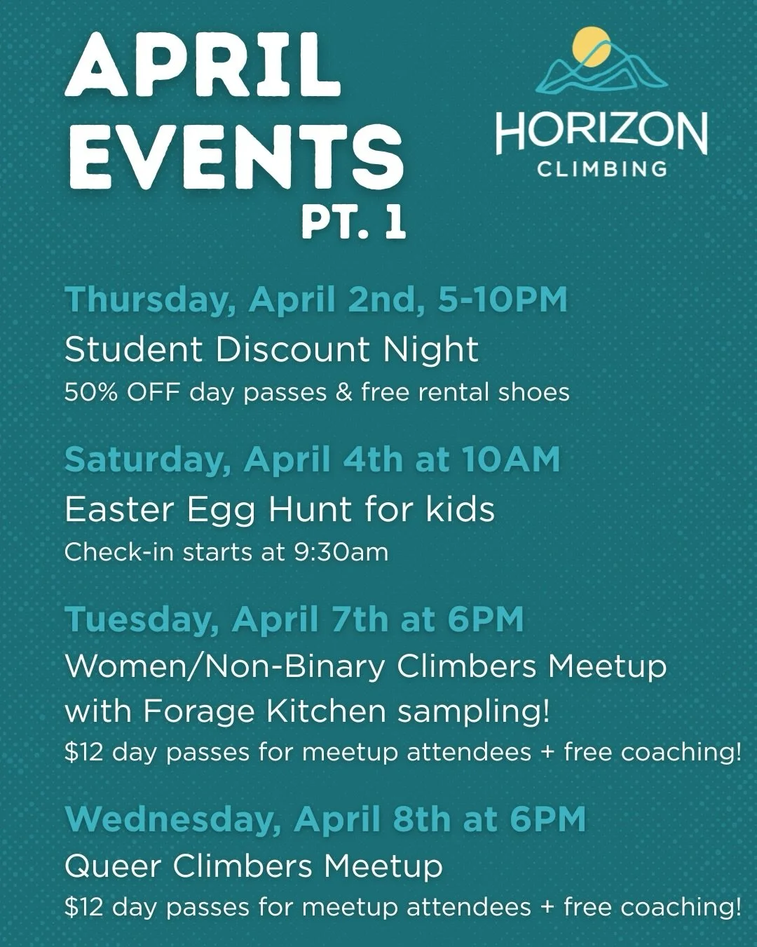 April is packed with fun events and programs! Check &lsquo;em out!

#horizonclimbing #champaignurbana #champaignil #uiuc #climbing