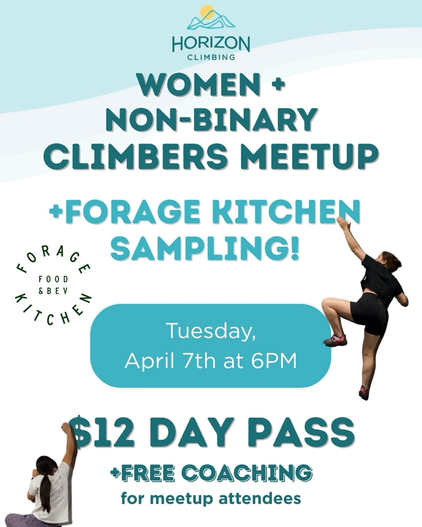 So excited for our Women&rsquo;s/Non-Binary Climbers Meetup on Tuesday, April 7th at 6pm! @forage_kitchen will be here with some yummy food to sample!! $12 day passes and free coaching for meetup attendees!

If you are not attending the meetup, the g