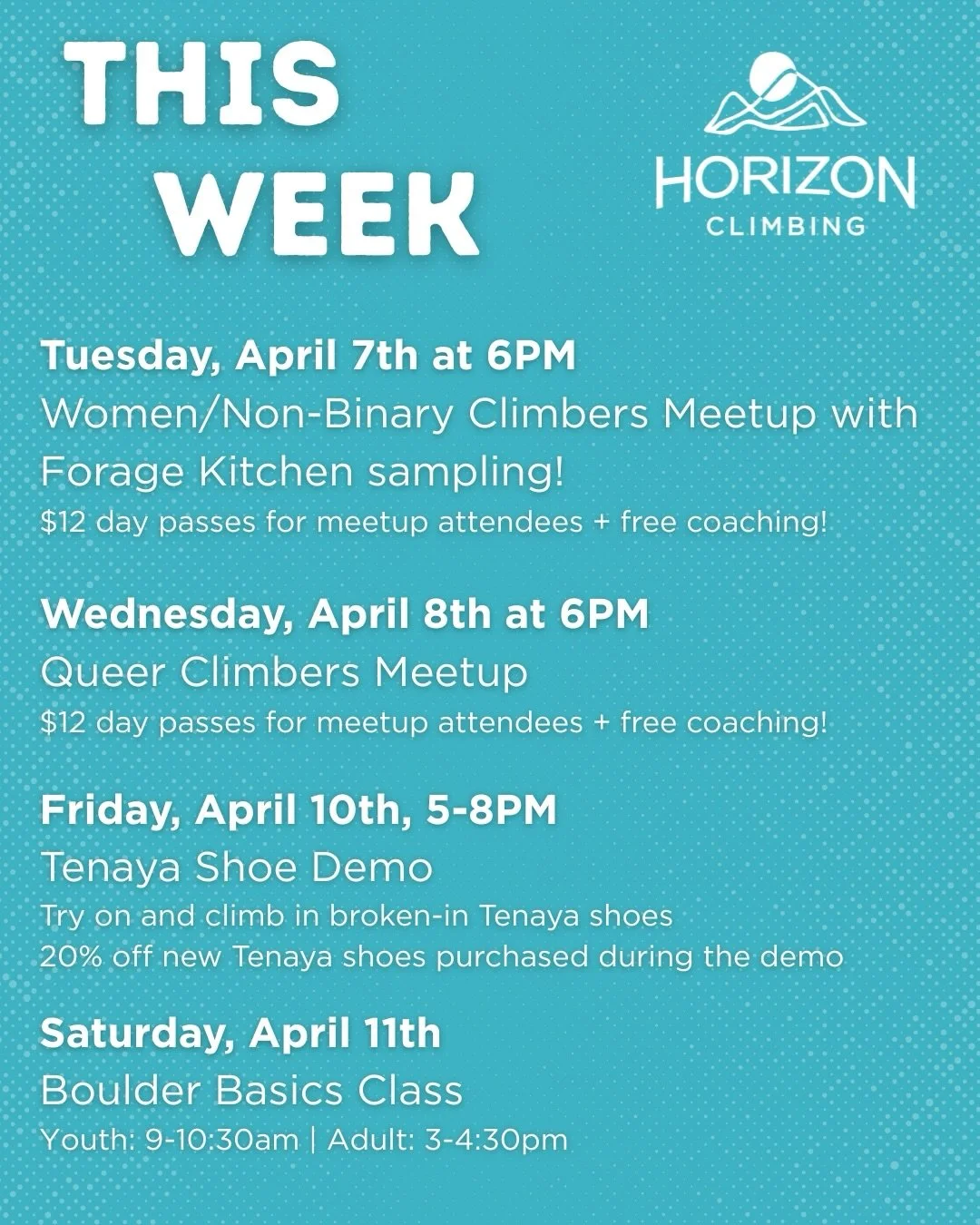 Lots of fun events this week! Scroll to find out more about each one! Register for Boulder Basics through our website calendar or through the link in our bio.

#horizonclimbing #champaignurbana #champaignil #uiuc #climbing