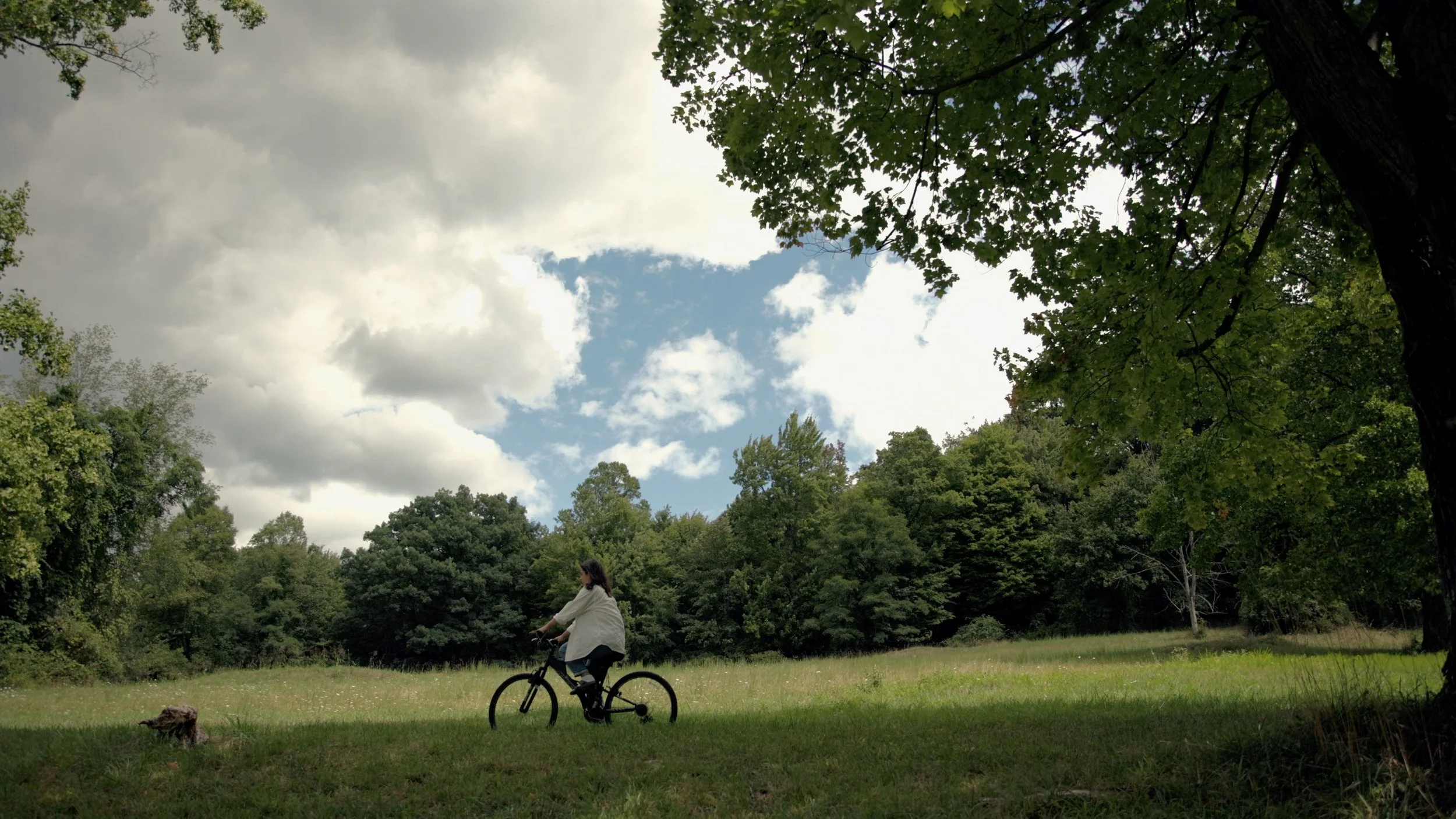 A woman riding a bicycle on a grassy field surrounded by trees with a partly cloudy sky.