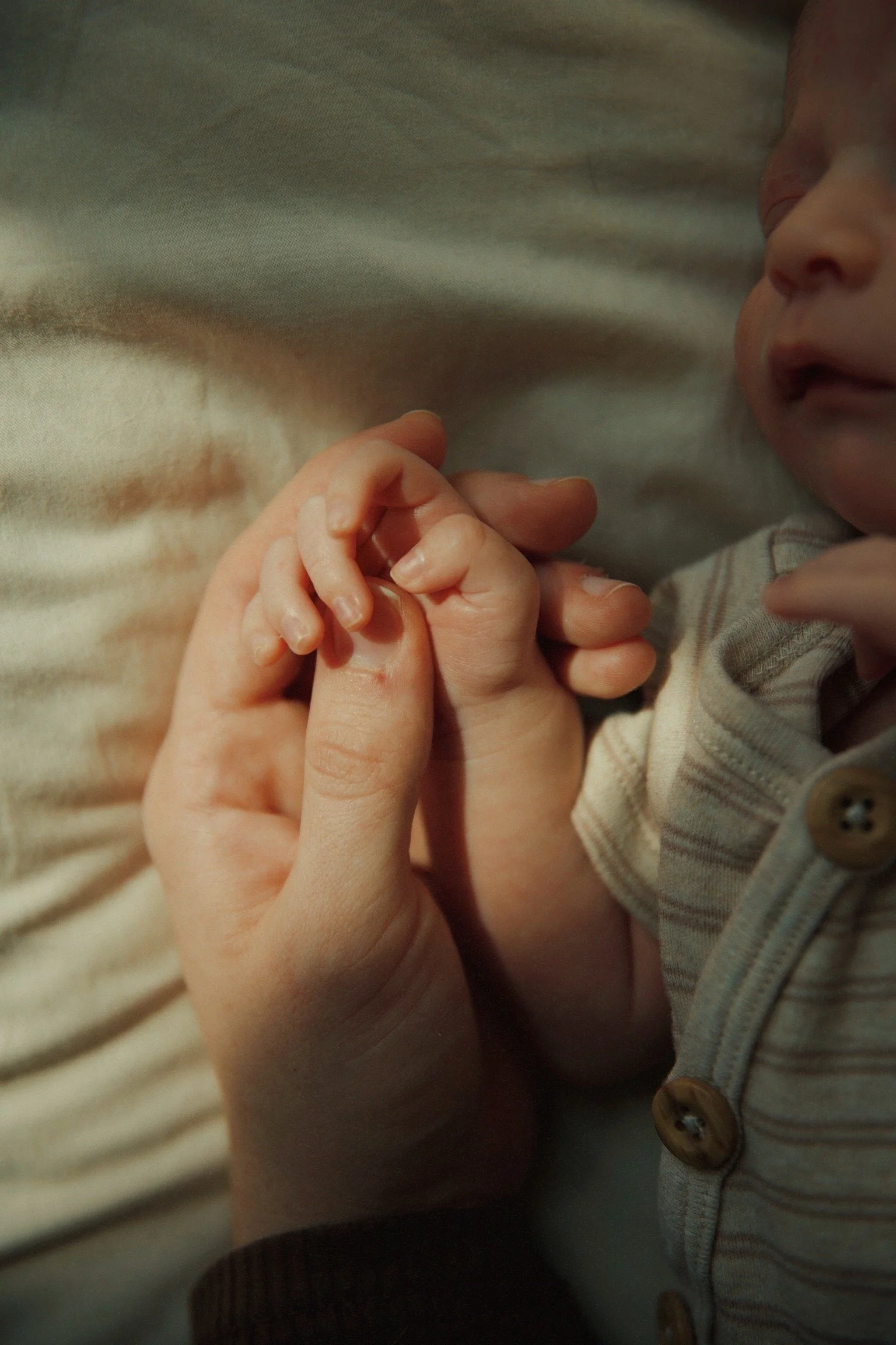 Close-up of an adult's hand holding a baby's hand, with a baby partially visible on the right side of the image.