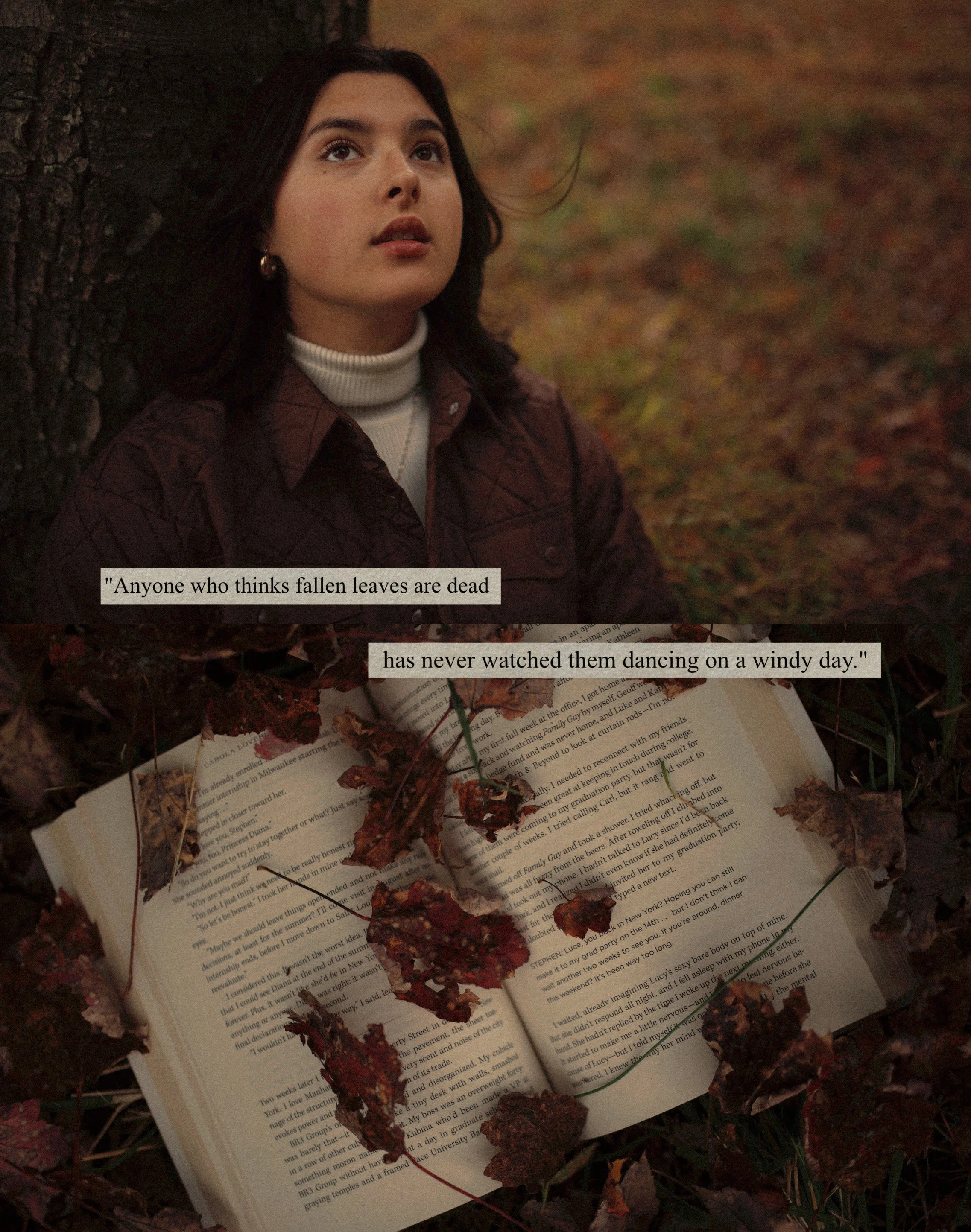 A woman leaning against a tree outdoors with fallen leaves and an open book on the ground beside her.