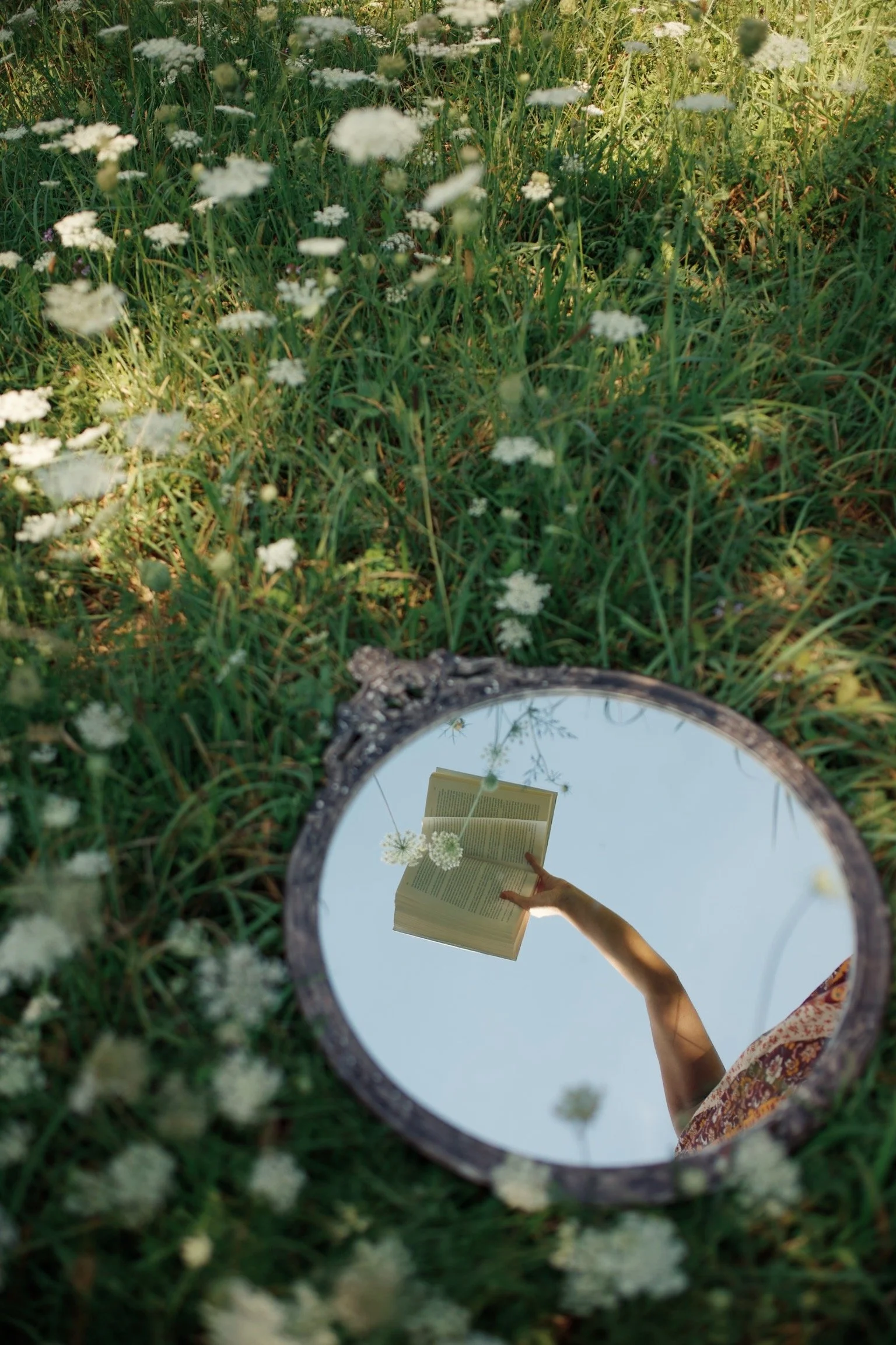 A mirror on the grass reflecting a person holding an open book against a clear blue sky, with wildflowers surrounding it.