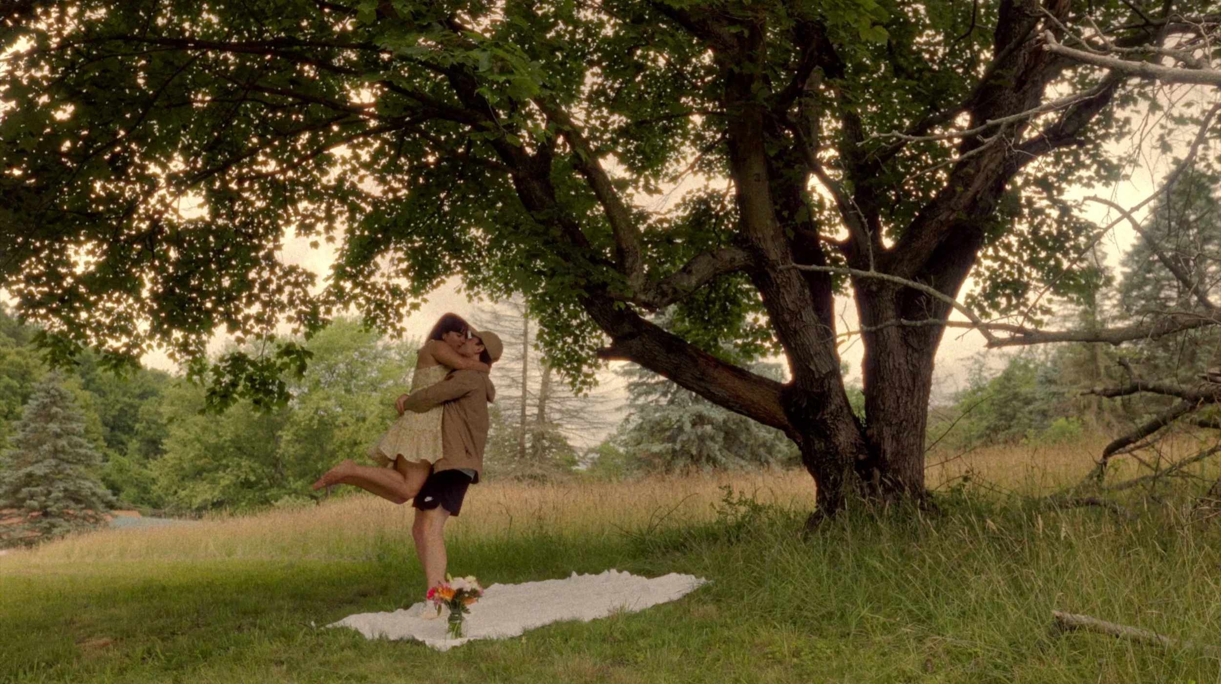 A couple embracing under a large tree in a grassy field during sunset, with a blanket and a small bouquet of flowers on the ground.