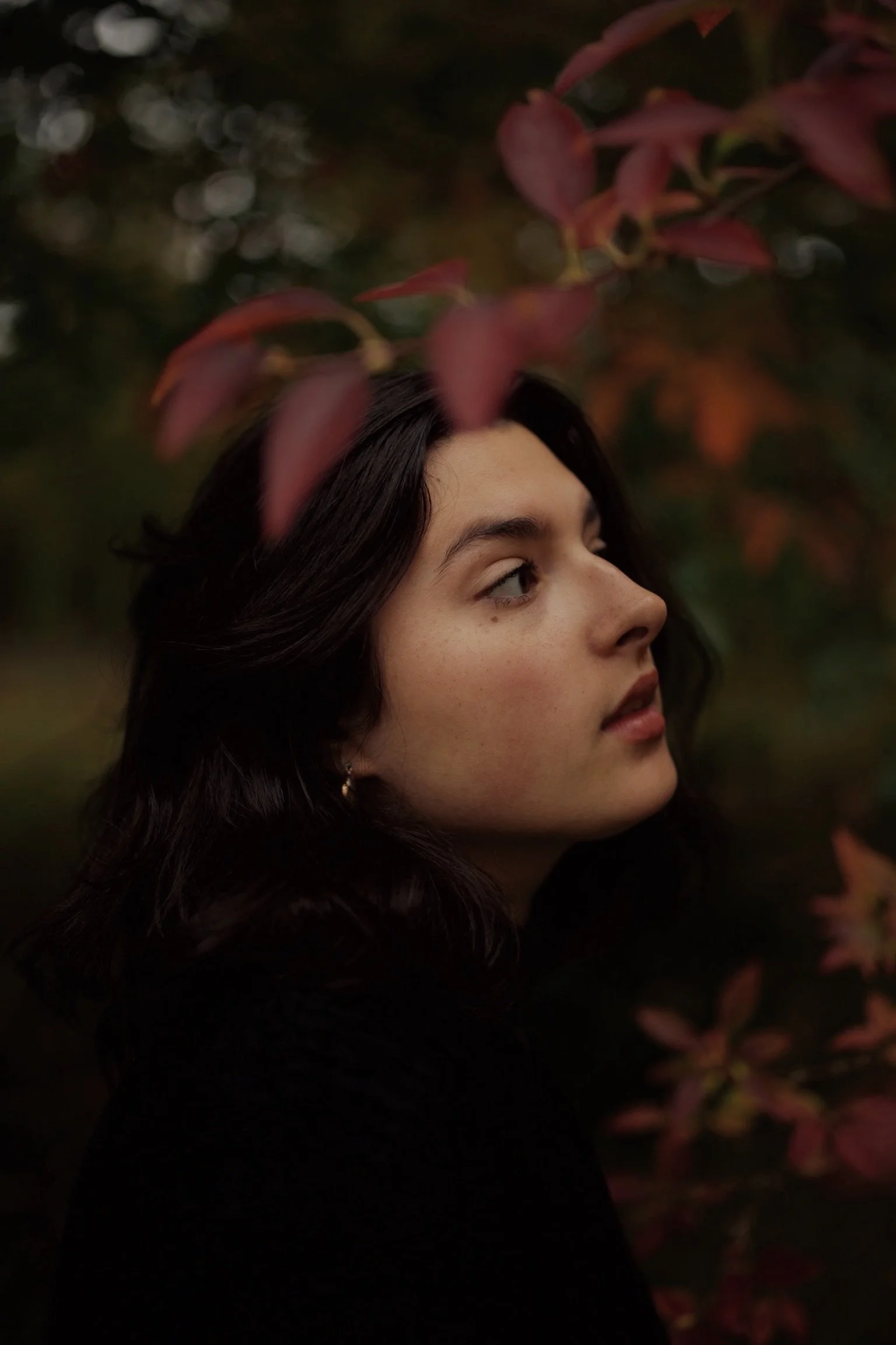 A young woman with dark hair gazes to the right side in a natural outdoor setting with pink and green leaves in the background.