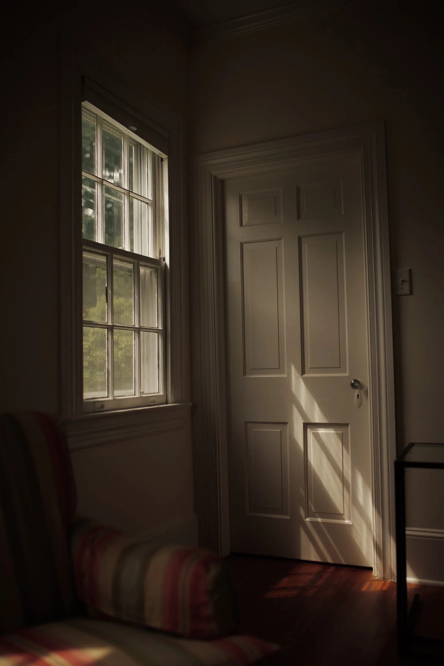 Sunlight coming through a window and casting shadows on a closed door inside a room.