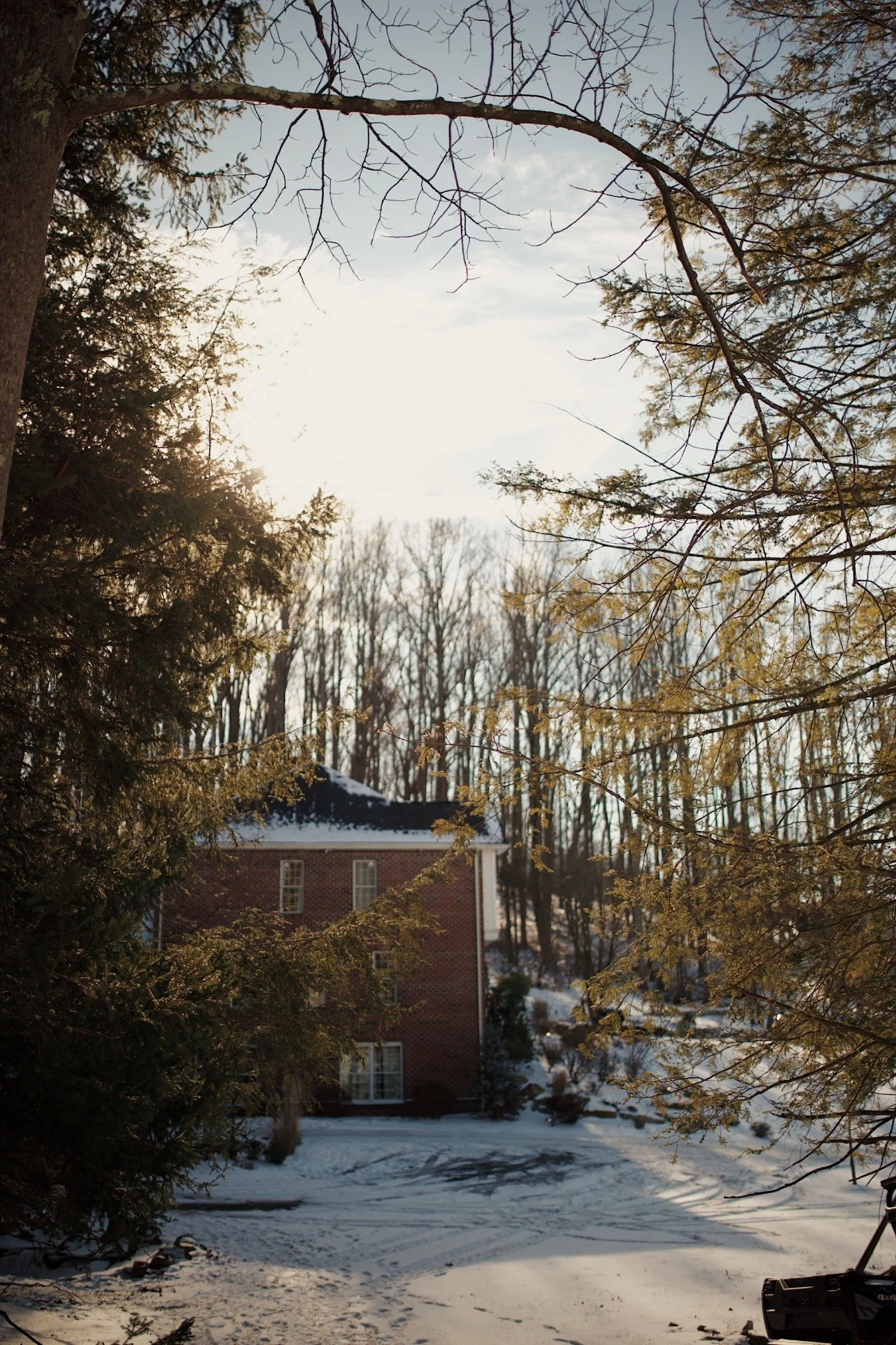 Snow-covered yard with a brick house in the background, surrounded by leafless trees, and the sun shining through the branches.