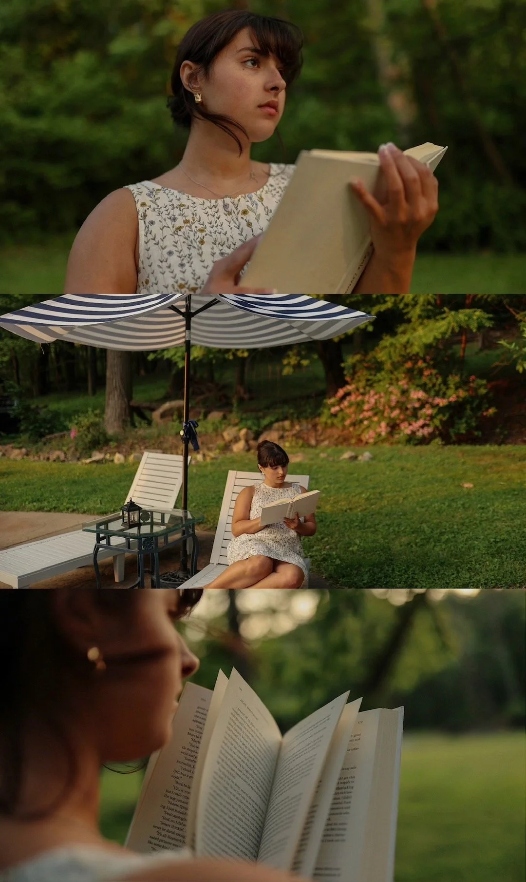 A woman reading a book outdoors under a striped umbrella on a sunny day.
