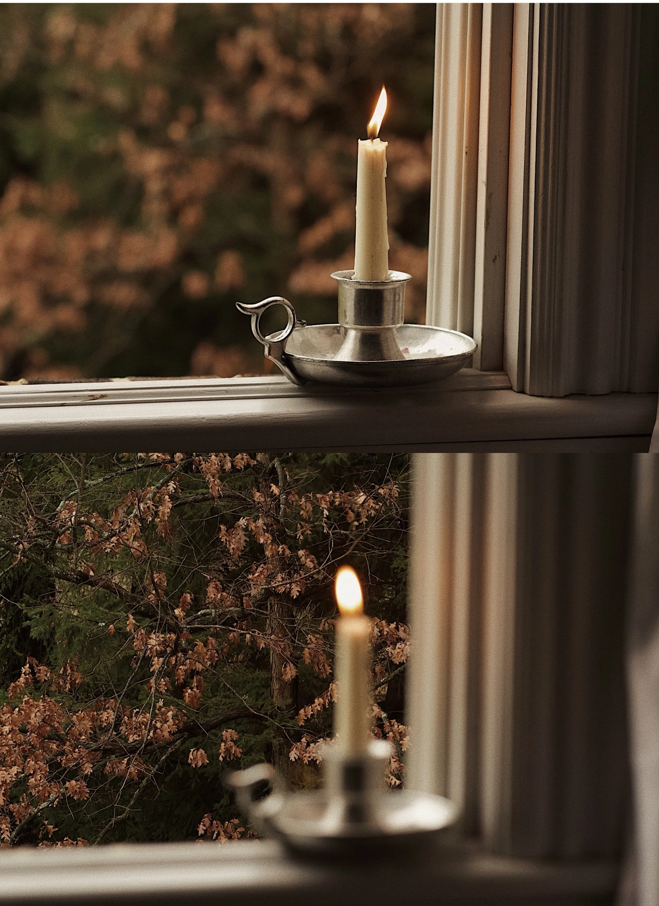 A lit candle in a silver candle holder on a windowsill, with blurred autumn leaves visible outside.