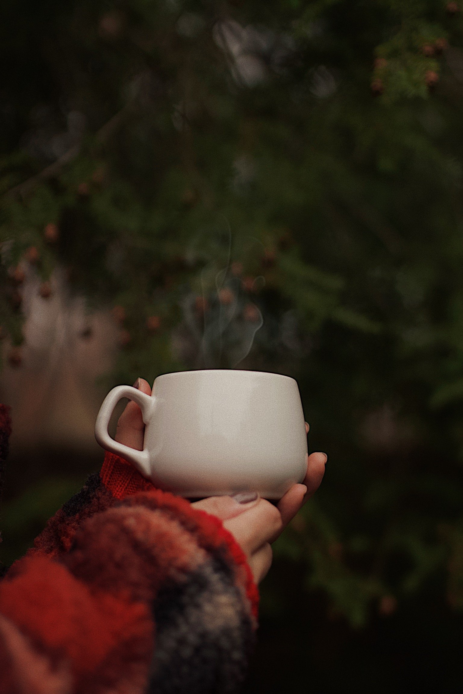 Person holding a white steaming mug outdoors with a blurred green leafy background.