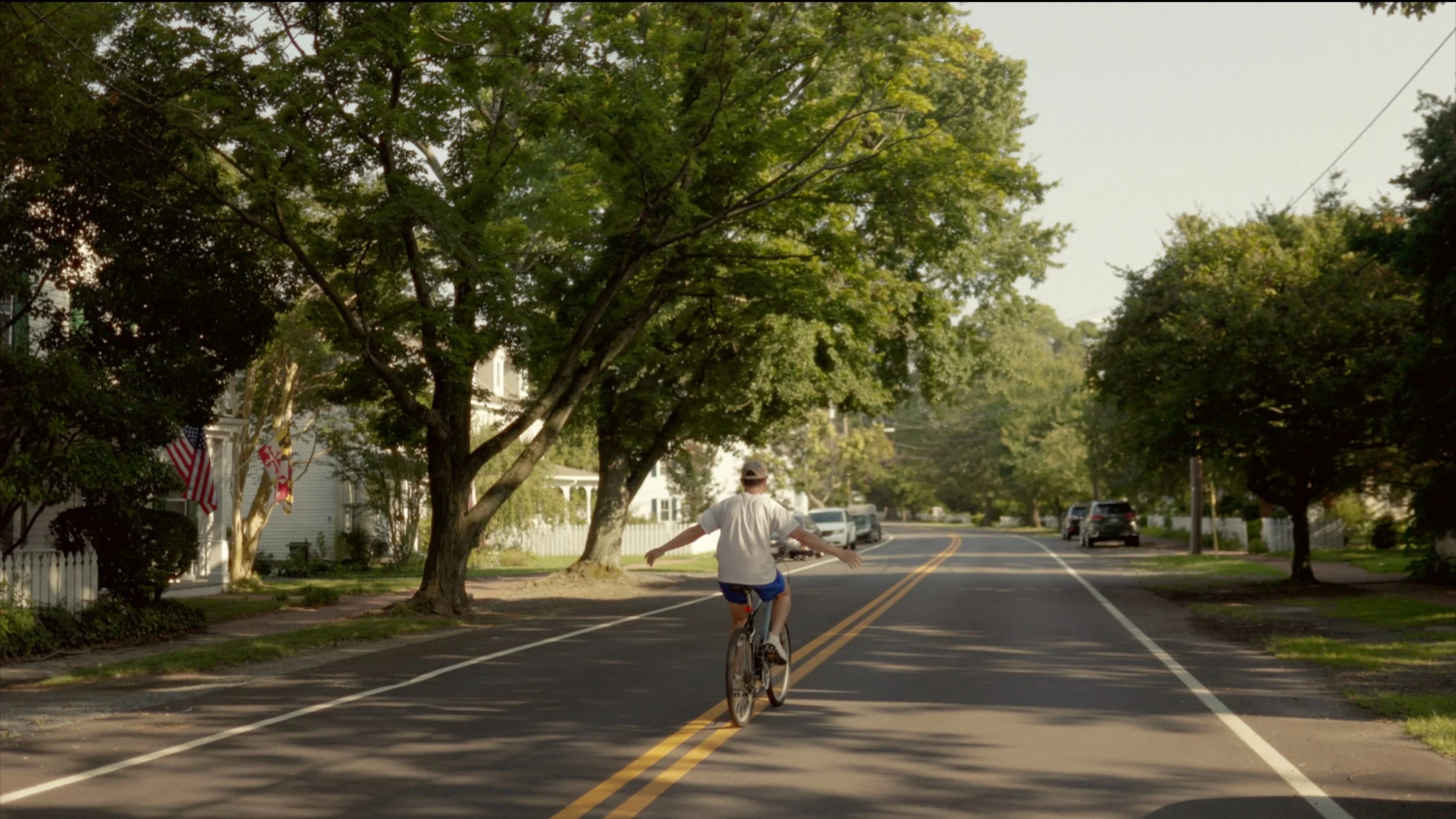 A person riding a bicycle down a quiet residential street with trees on either side.