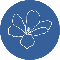 Simple white outline of a flower against a blue circular background.