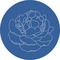 Line drawing of a peony flower on a blue circular background