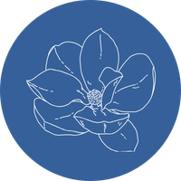 A line drawing of a flower on a blue circular background.