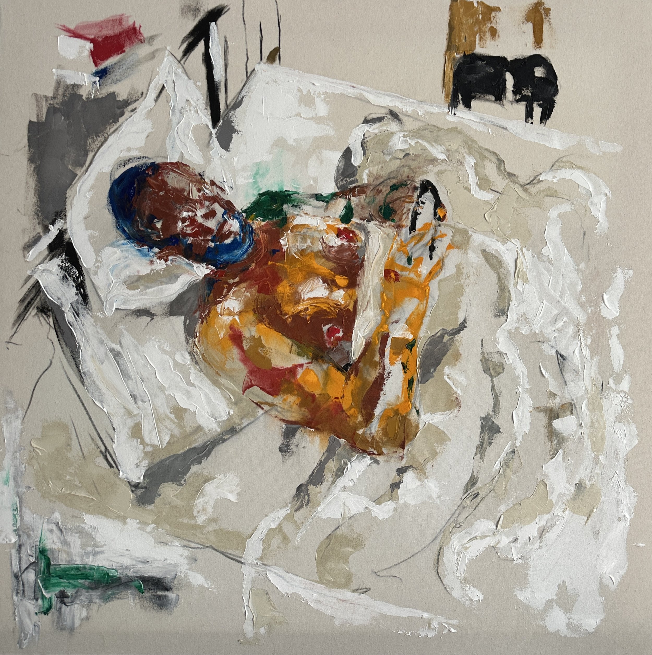 Emmanuel in bed, Acrylic on canvas, 100 x 100cm, 2024