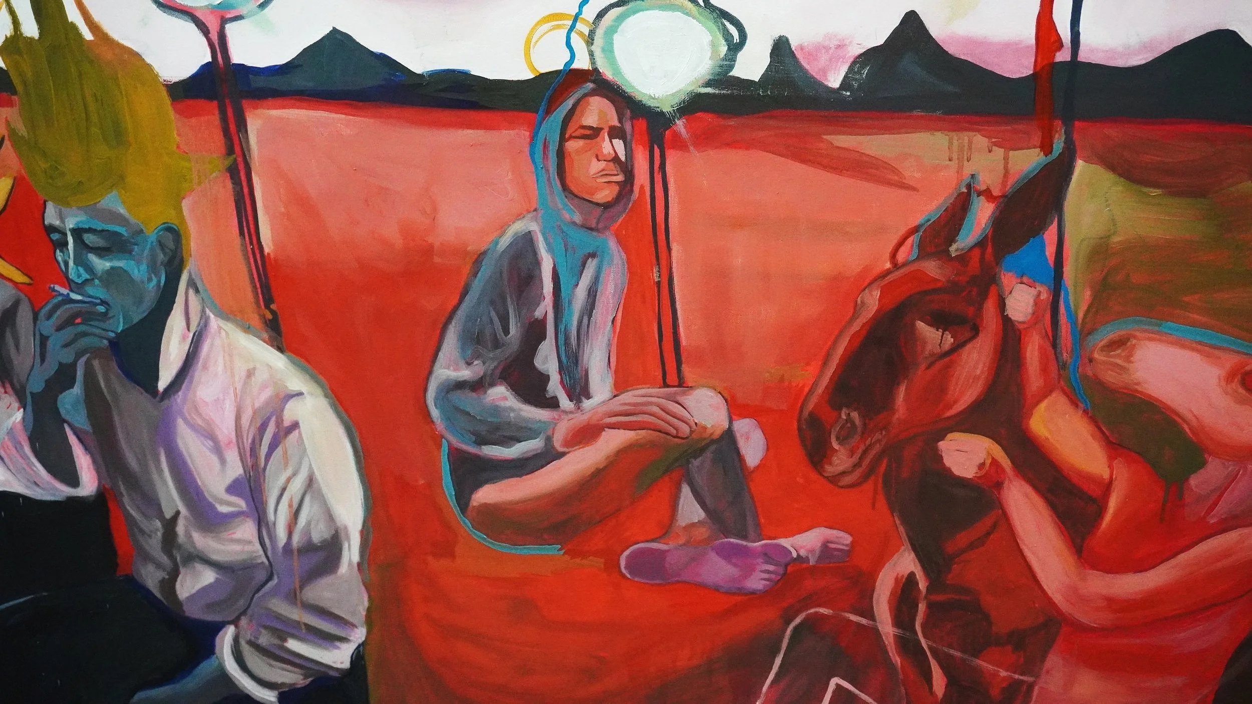 Abstract painting depicting three figures against a red background; one smokes, another sits cross-legged, and the third interacts with a horse.