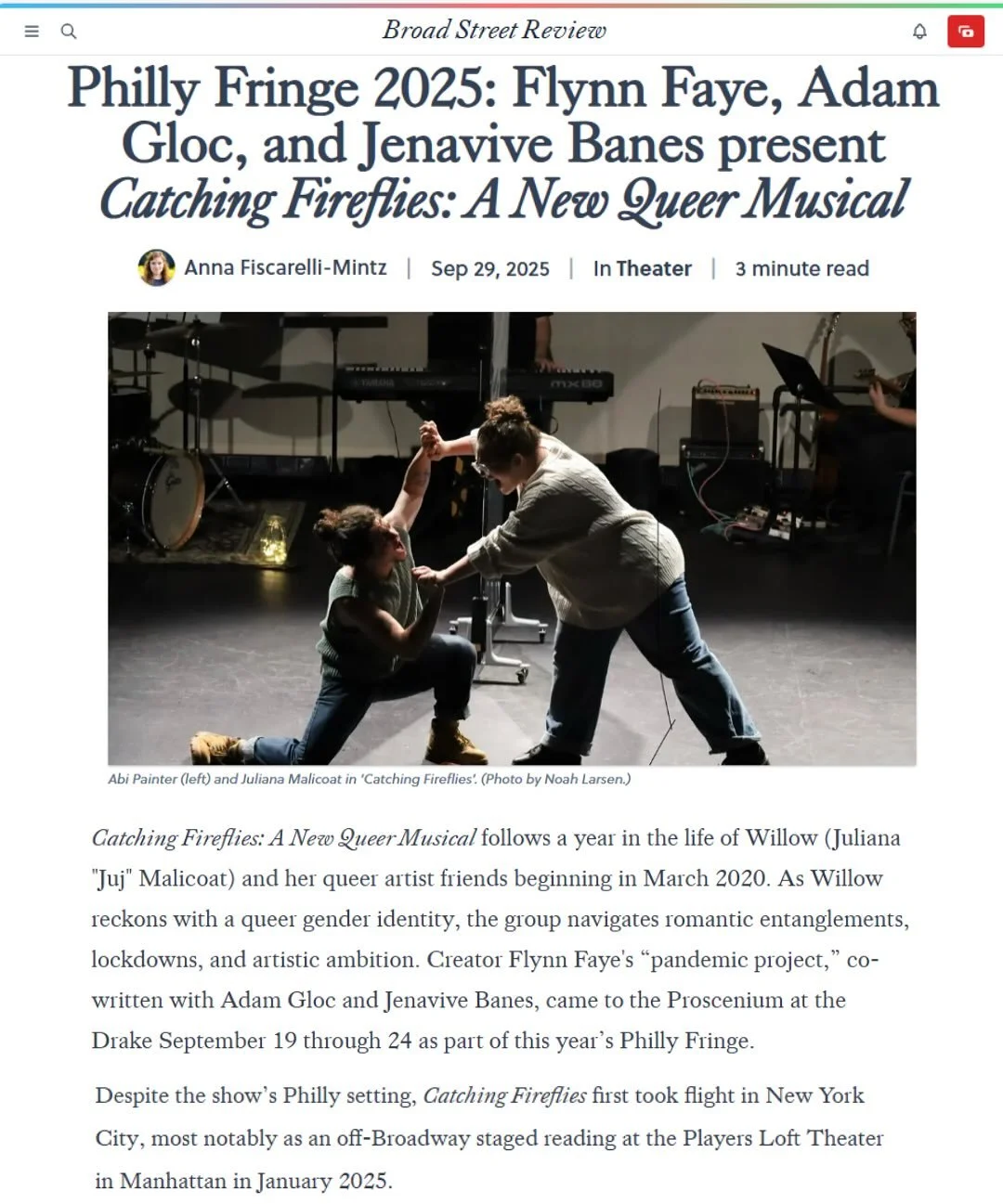Thank you @broadstreview for coming to review @catchingfirefliesmusical at @cannonballfest omg!! &lt;3 Read full review at the link in my bio :-) Cheers to trans joy &amp; art &amp; the team that make this iteration possible 🏳️&zwj;⚧️