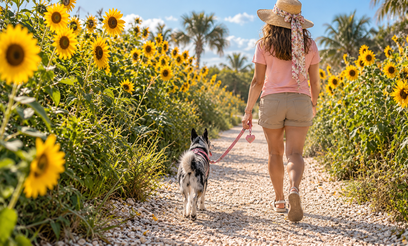 Women in shorts and sun hat walking dog on a leash on a path through a sunflower field