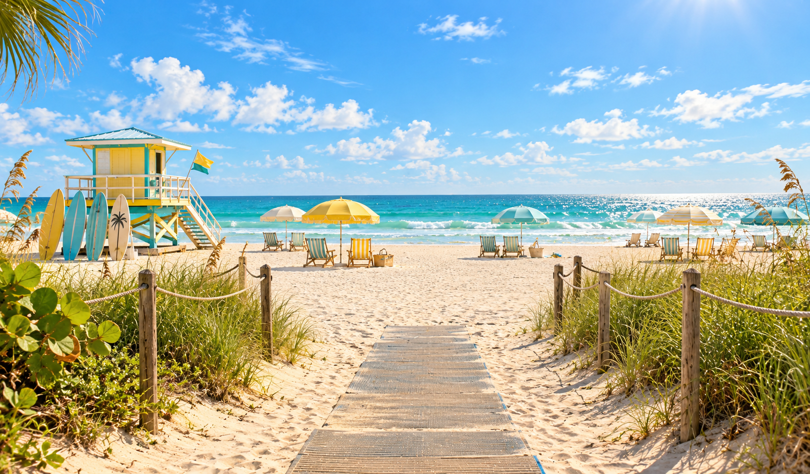 A path leading to a sandy beach with ocean waves and beach umbrellas and chairs on the beach