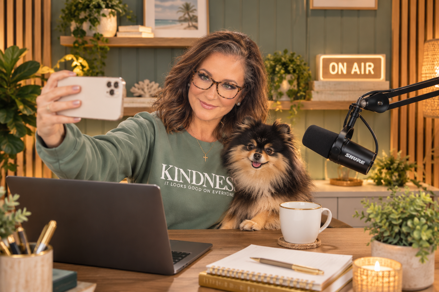 A women holding a dog on her lap at a computer desk with a podcast set up taking a selfie with a phone