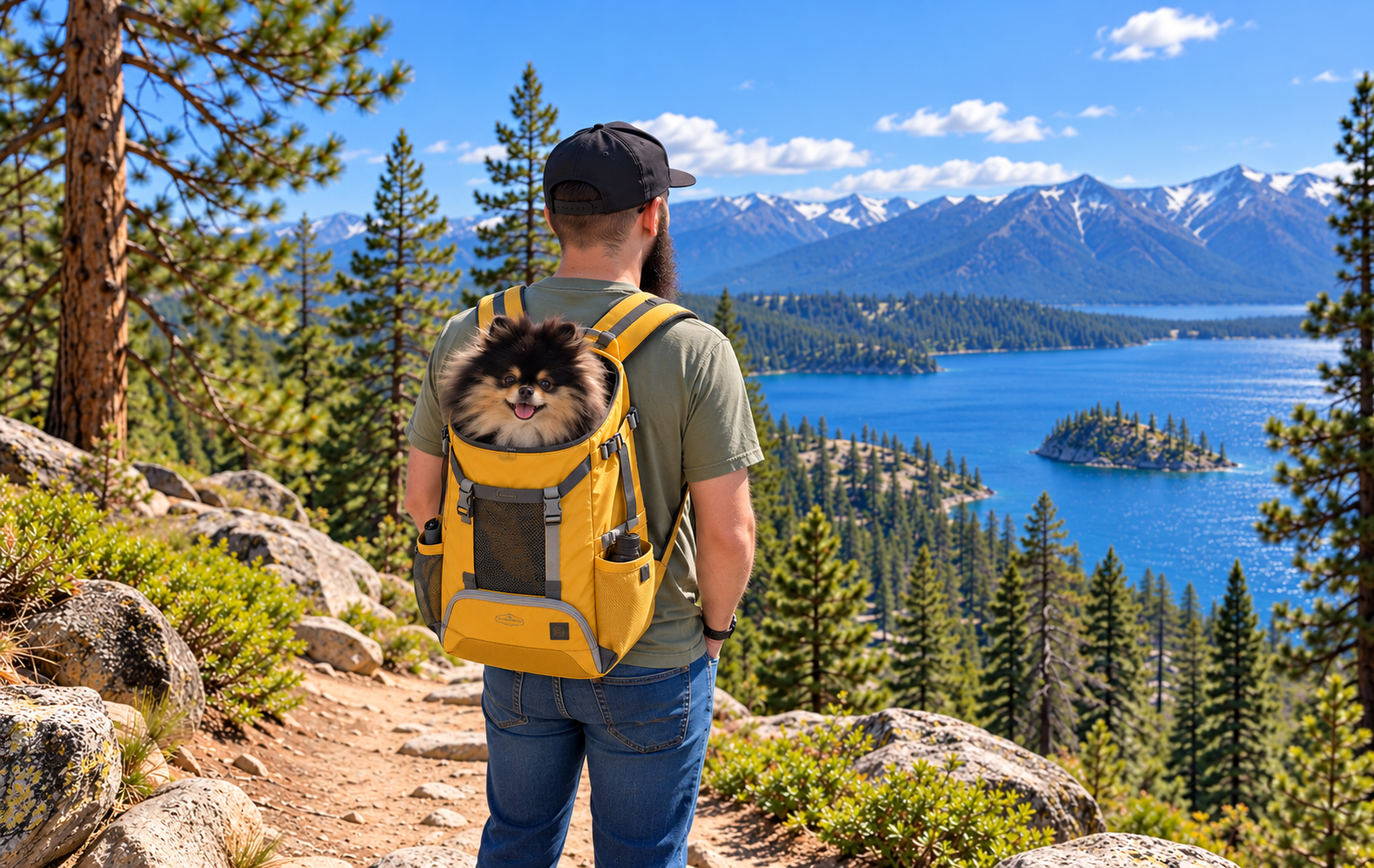 A man wearing a backpack with a small dog in it who stands and looks out over view of a lake with mountains in the background
