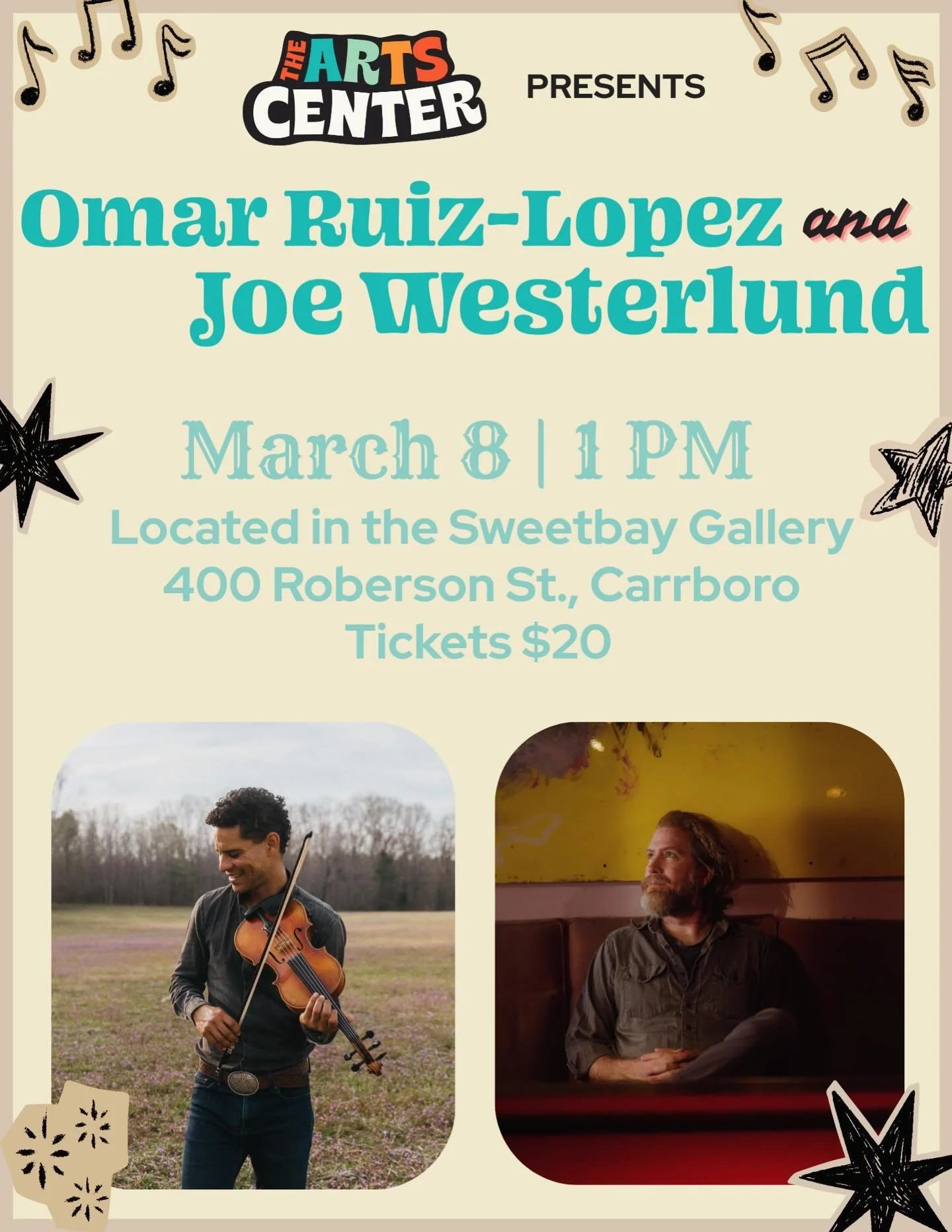 Teaming up with @joewesterlund for two shows next weekend:

- @carolinatheatredurham FAMILY SATURDAY SERIES PRESENTS Omar Ruiz-Lopez 3/7 11am
- a rescheduled Artscenter residency show on 3/8 1 pm

Joining me in the band for these shows will be:

@cou