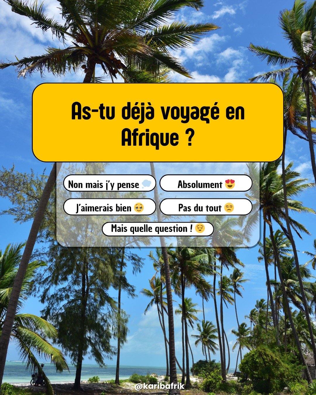 🌍 As-tu d&eacute;j&agrave; voyag&eacute; en Afrique ?

Chez Karib Afrik, on aime entendre vos histoires et conna&icirc;tre vos exp&eacute;riences ! ✈️✨​

Dis-nous en commentaire :

🗣️ O&ugrave; es-tu all&eacute; ?
💭 Qu'as-tu ressenti ?
❤️ Quels so