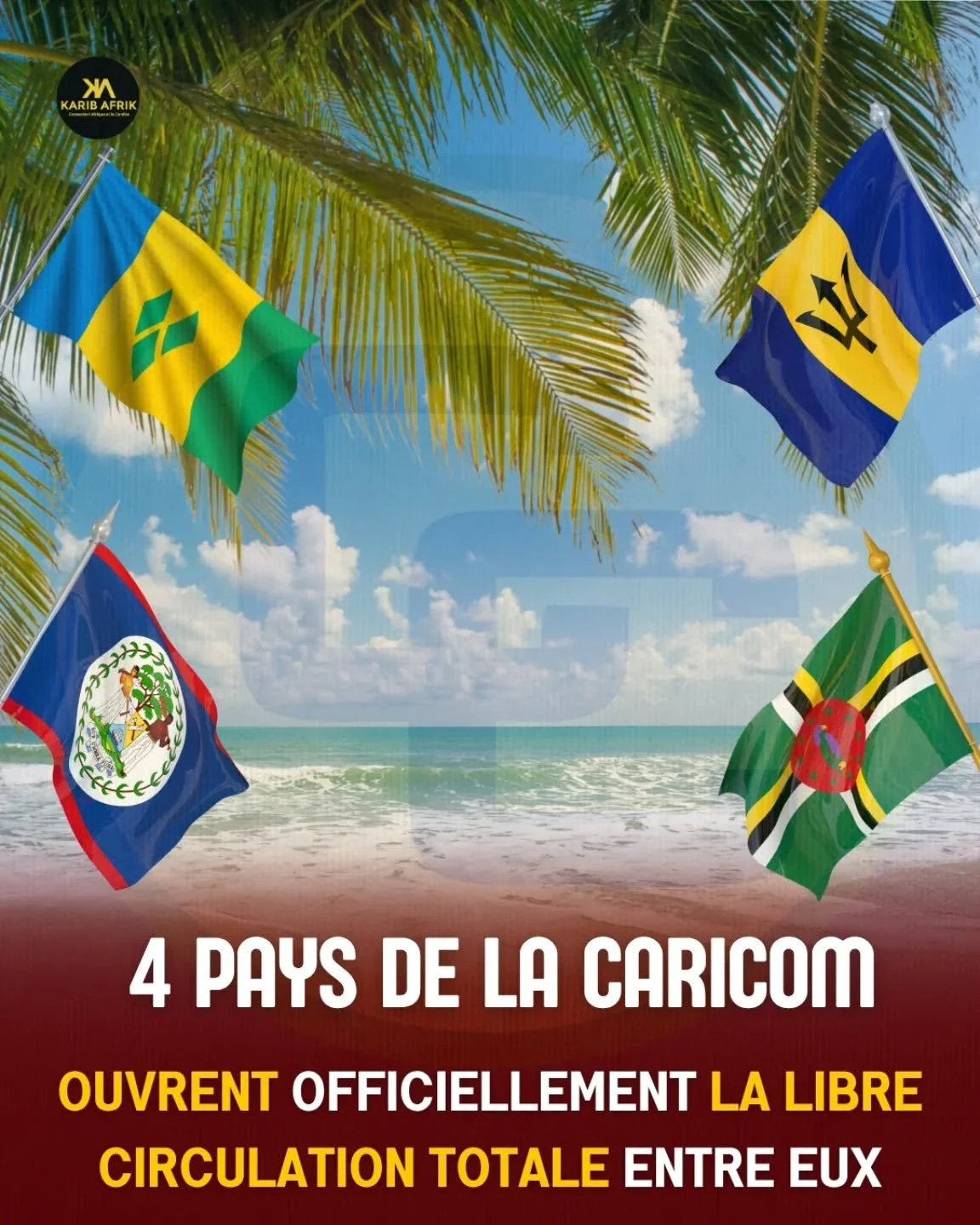 🌍✨ HISTORIQUE : la libre circulation devient r&eacute;alit&eacute; dans la Cara&iuml;be !

Depuis le 1er octobre 2025, quatre pays de la CARICOM font un pas d&eacute;cisif vers une Cara&iuml;be sans fronti&egrave;res :

🇧🇧 Barbade
🇧🇿 Belize
🇩🇲