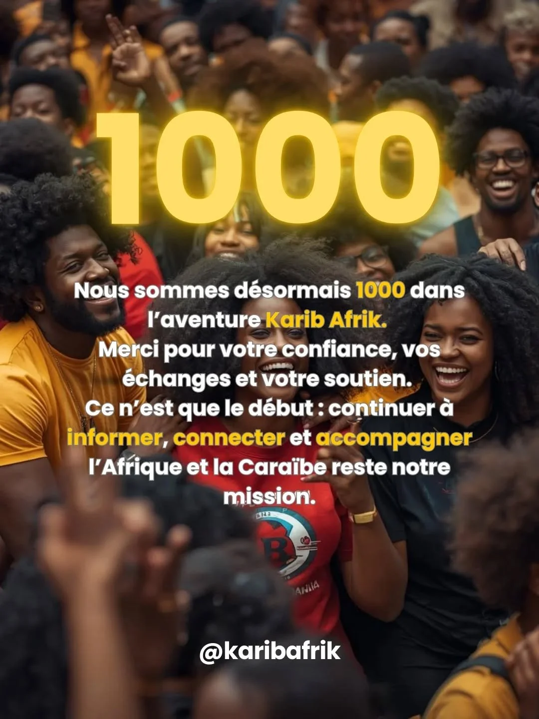 1000 abonn&eacute;.e.s 🎉

1000 personnes qui font grandir Karib Afrik jour apr&egrave;s jour.

Merci pour la confiance, les messages, les partages et le soutien 🤎

Cette communaut&eacute; existe gr&acirc;ce &agrave; vous.

Et ce n&rsquo;est que le 