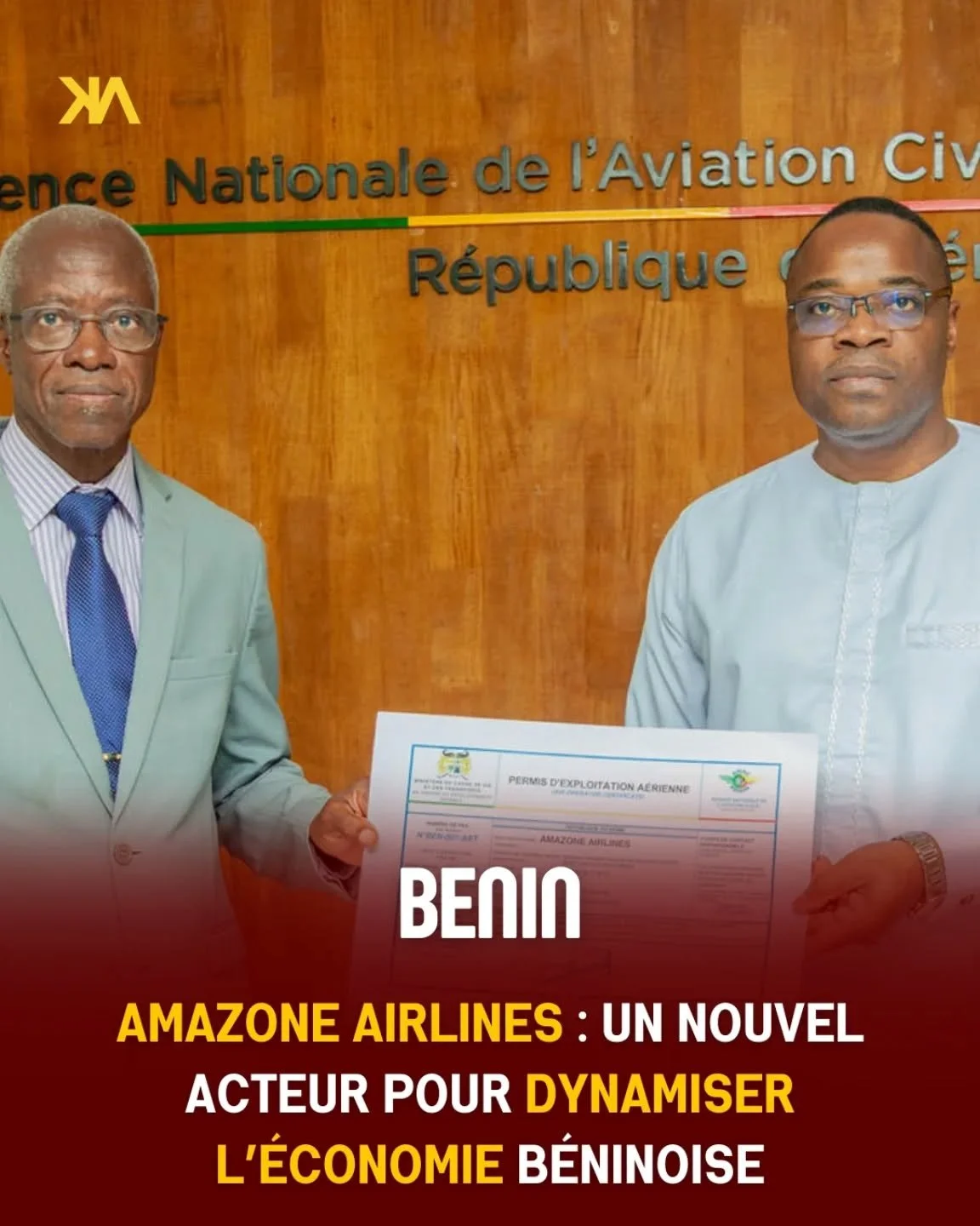 🇧🇯✈️ Le B&eacute;nin vient de franchir une &eacute;tape majeure.

Le 13 f&eacute;vrier 2026, une licence d&rsquo;exploitation a&eacute;rienne a &eacute;t&eacute; officiellement accord&eacute;e &agrave; Amazone Airlines, future compagnie nationale.
