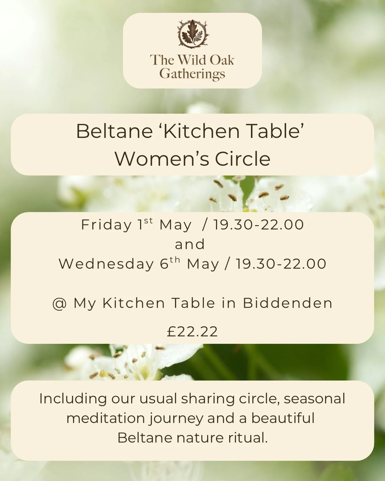 Second Beltane session 🤍🌱🤍
With a waitlist for 1st May I have decided to add a second gathering for Beltane. 
I have couple of spaces open if you are feeling called to join us 🌷