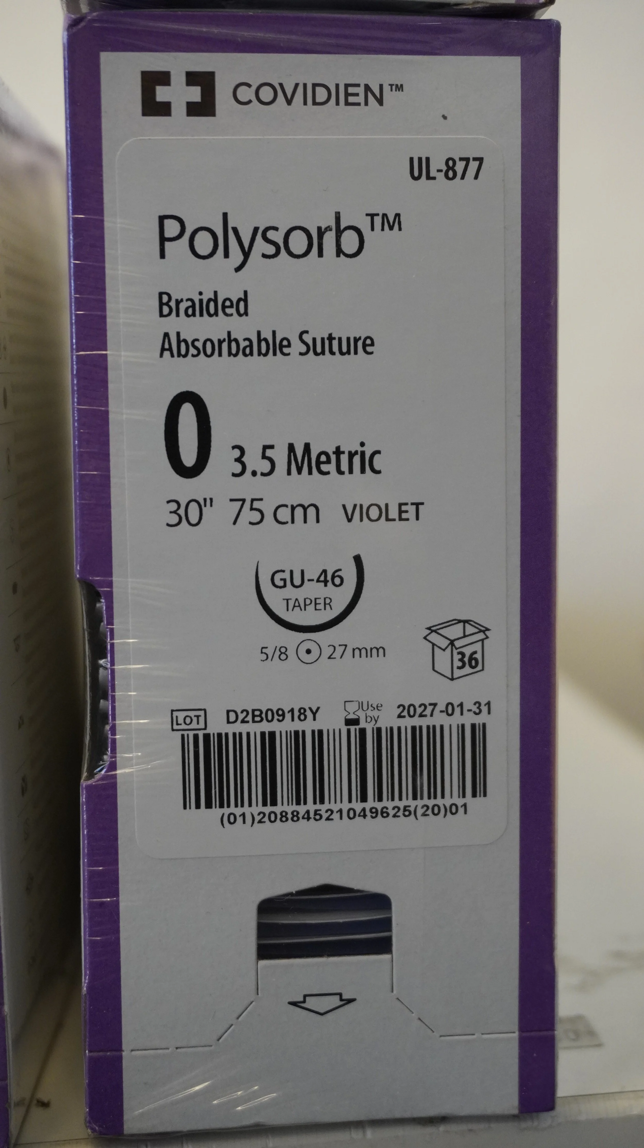 COVIDIEN | UL-877 | PACK of 36/pc | Polysorb Braided Absorbable Suture 0 3.5 Metric 30" 75cm VIOLET