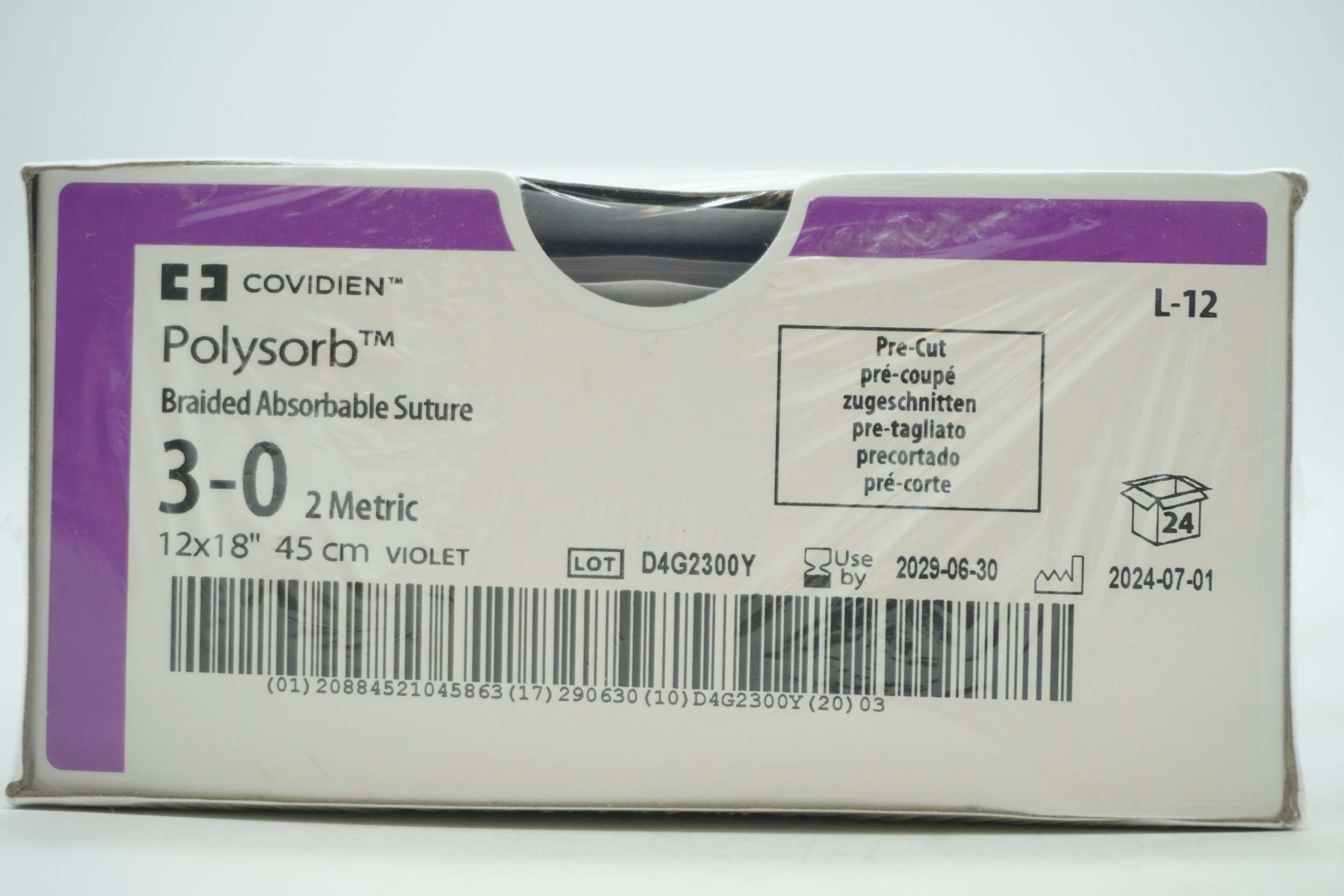 COVIDIEN | L-12 | Box of 24 | Polysorb Braided Absorbable Suture 3-0 2 Metric 12x18" 45cm VIOLET