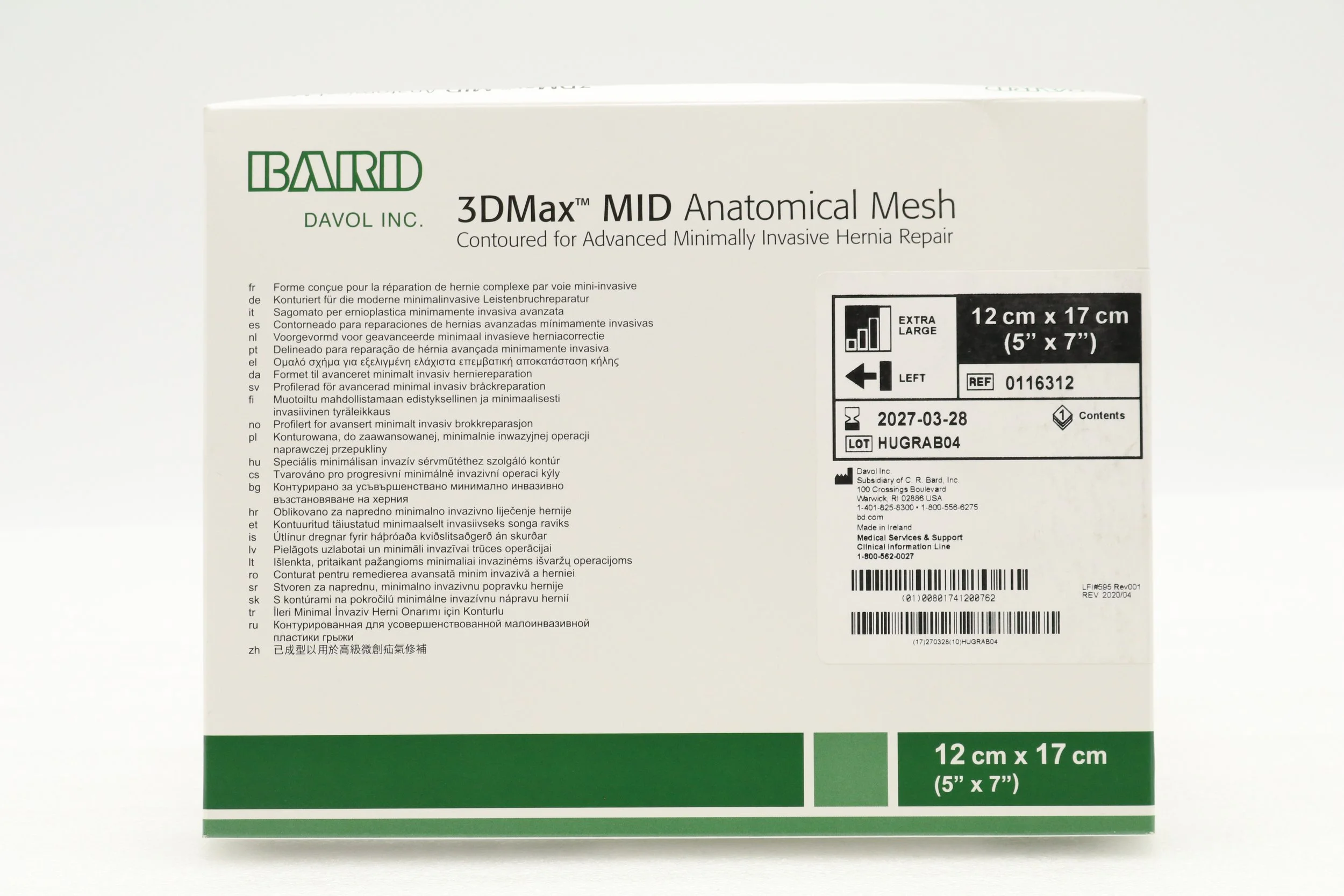 Bard | 0116312 | EACHES | IN-DATE | 3DMax MID Anatomical Mesh Contoured for Minimally invasive Hernia Repair Extra-Large, Left 5" x 7"
