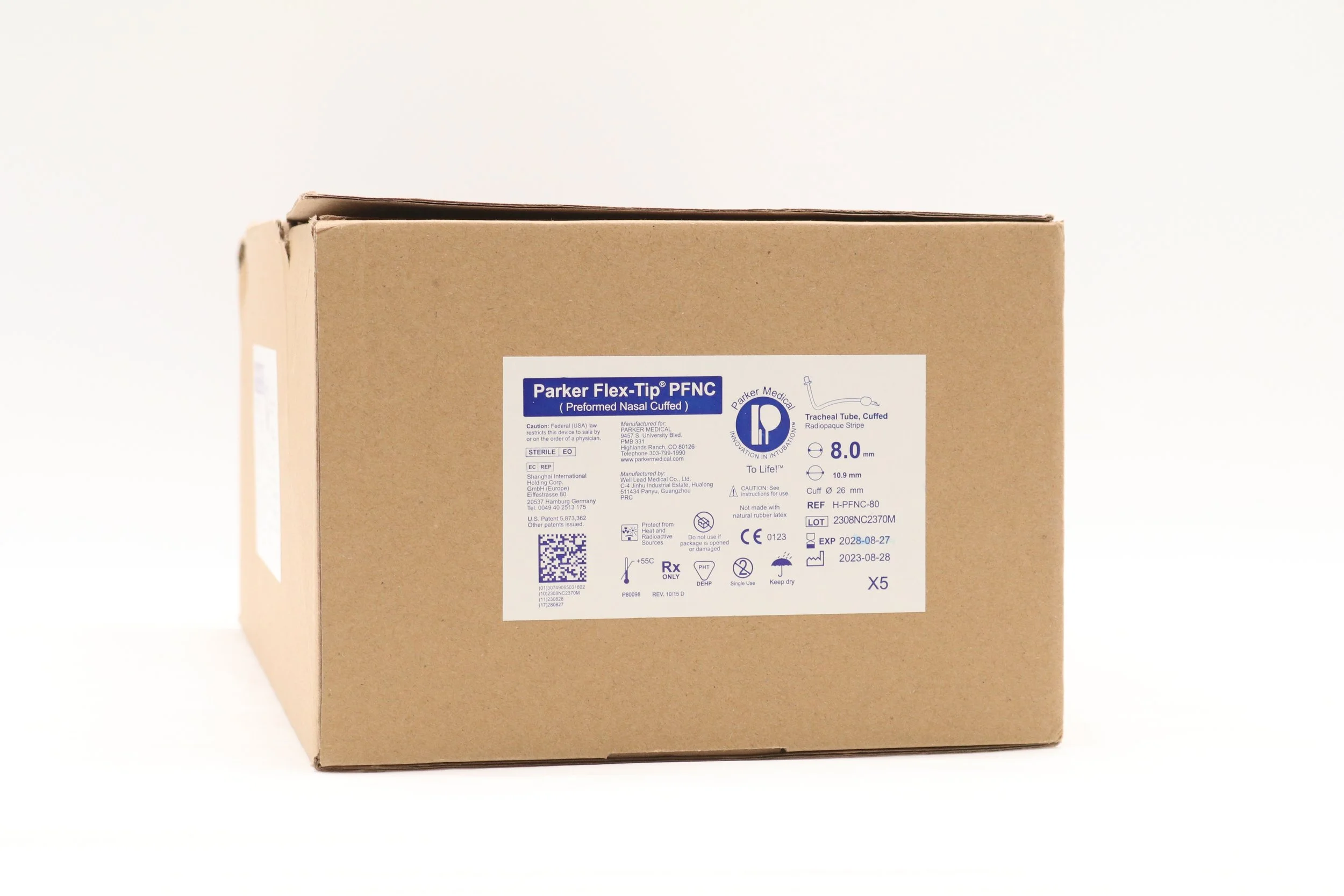 PARKER MEDICAL | H-PFNC-80 | IN-DATE | BOX OF 5 | Flex-Tip Preformed Nasal Cuffed Endotracheal Tube ET Tube 320 mm 8.0 mm