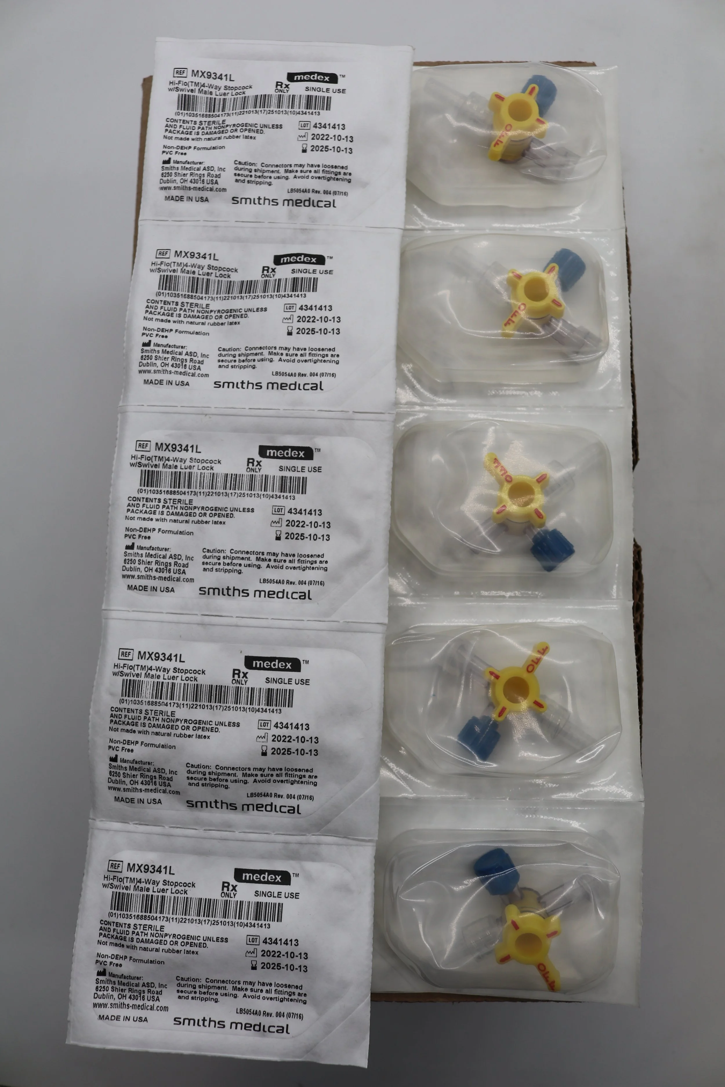 Medex | MX9341L | Box of 50 | Hi-Flo 4-way Stopcock with Swivel Male Luer Lock