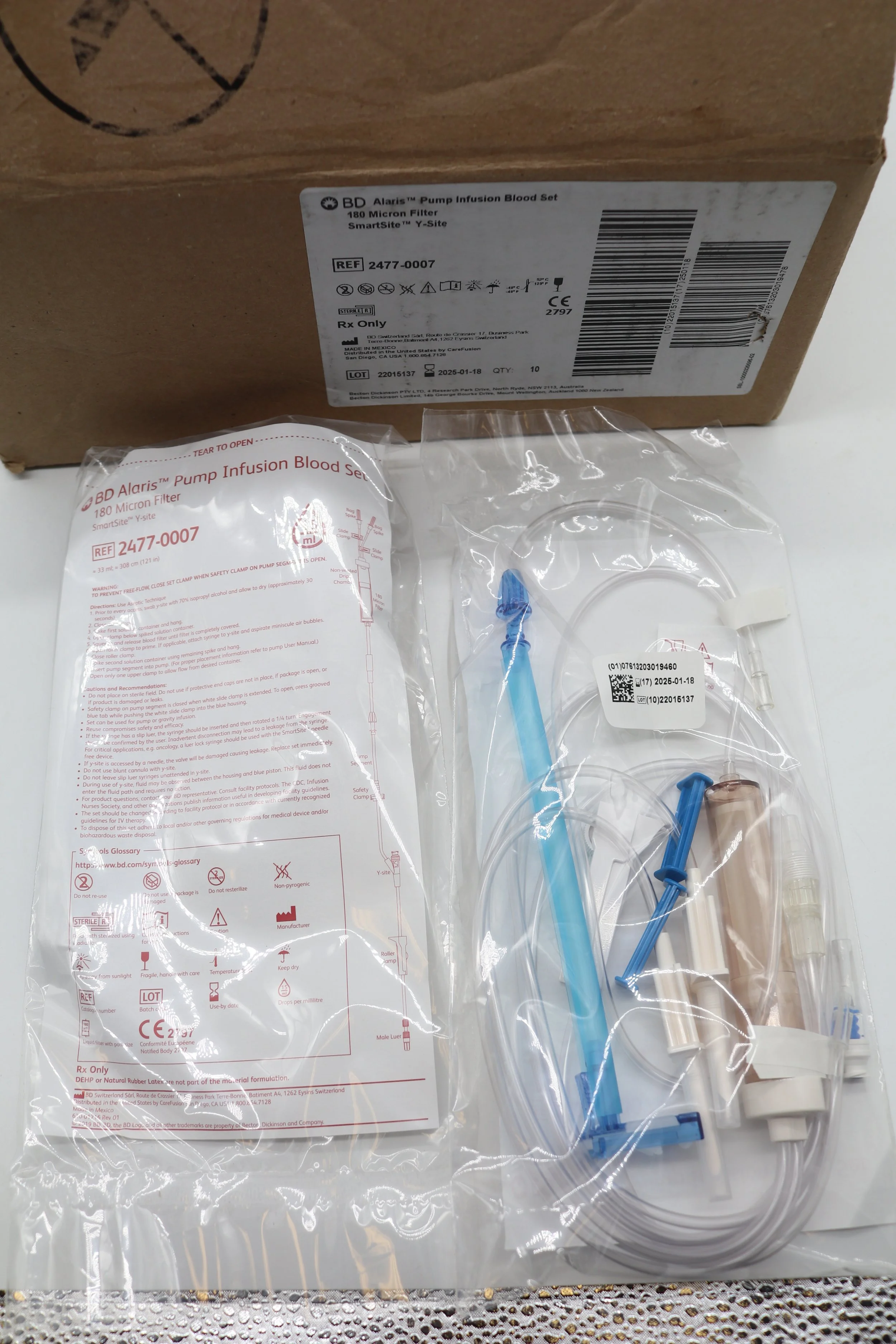 BD | 2477-0007 | SHORT DATE | BOX OF 10 | SHORTDATE Alaris Pump Infusion Blood Set 180 Micron Filter SmartSite Y-Sites