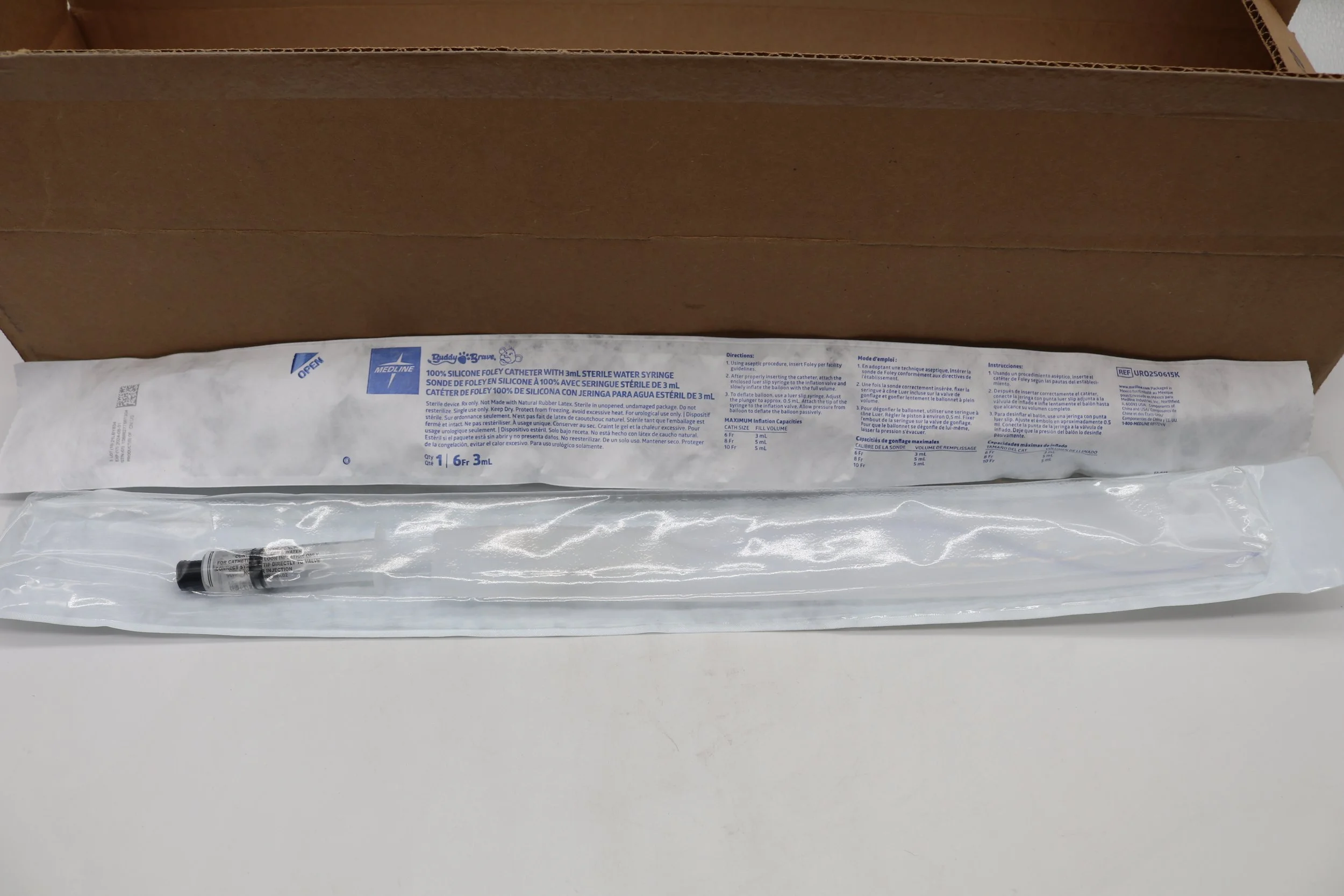Medline | URO2S0615K | IN DATE | BOX OF 10 | Buddy the Brave 100% Silicone Foley Catheter with 3mL Sterile Water Syringe 6Fr