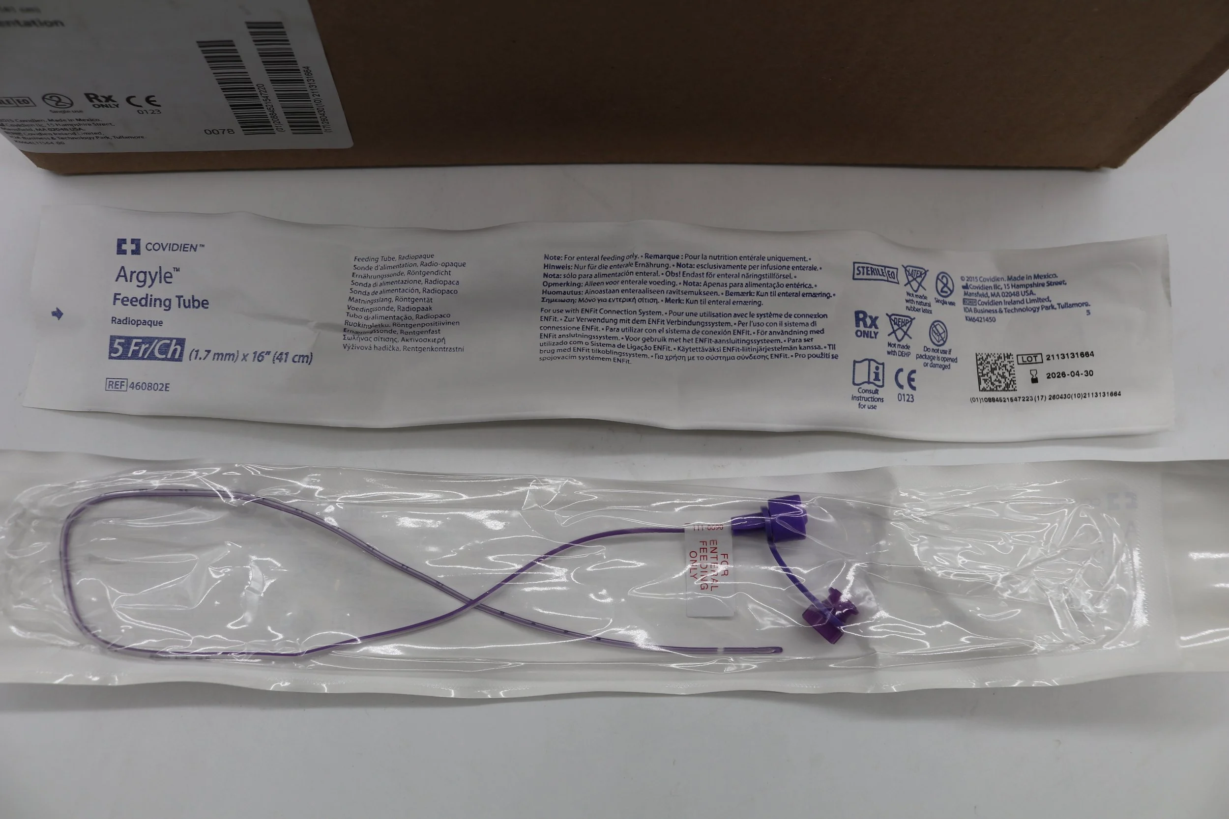 Covidien | 460802E | IN DATE | BOX OF 50 | Argyle Feeding Tube 5 Fr/Ch x 16in (1.7mm x 41cm)