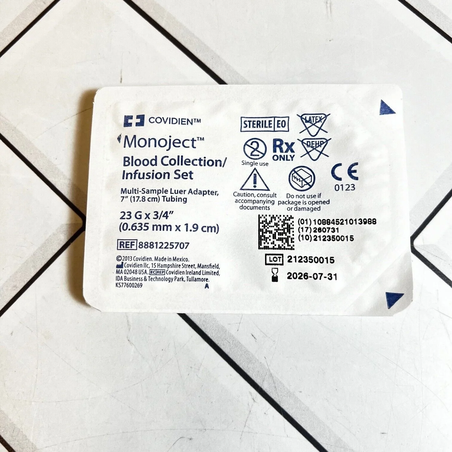 Covidien | 8881225707 | IN-DATE | Box of 50 | Monoject Blood Collection/Infusion Set, Multi-Sample Luer Adapter, 7" (17.8cm) Tubing, 23 G x 3/4" (0.635 mm x 1.9 cm)