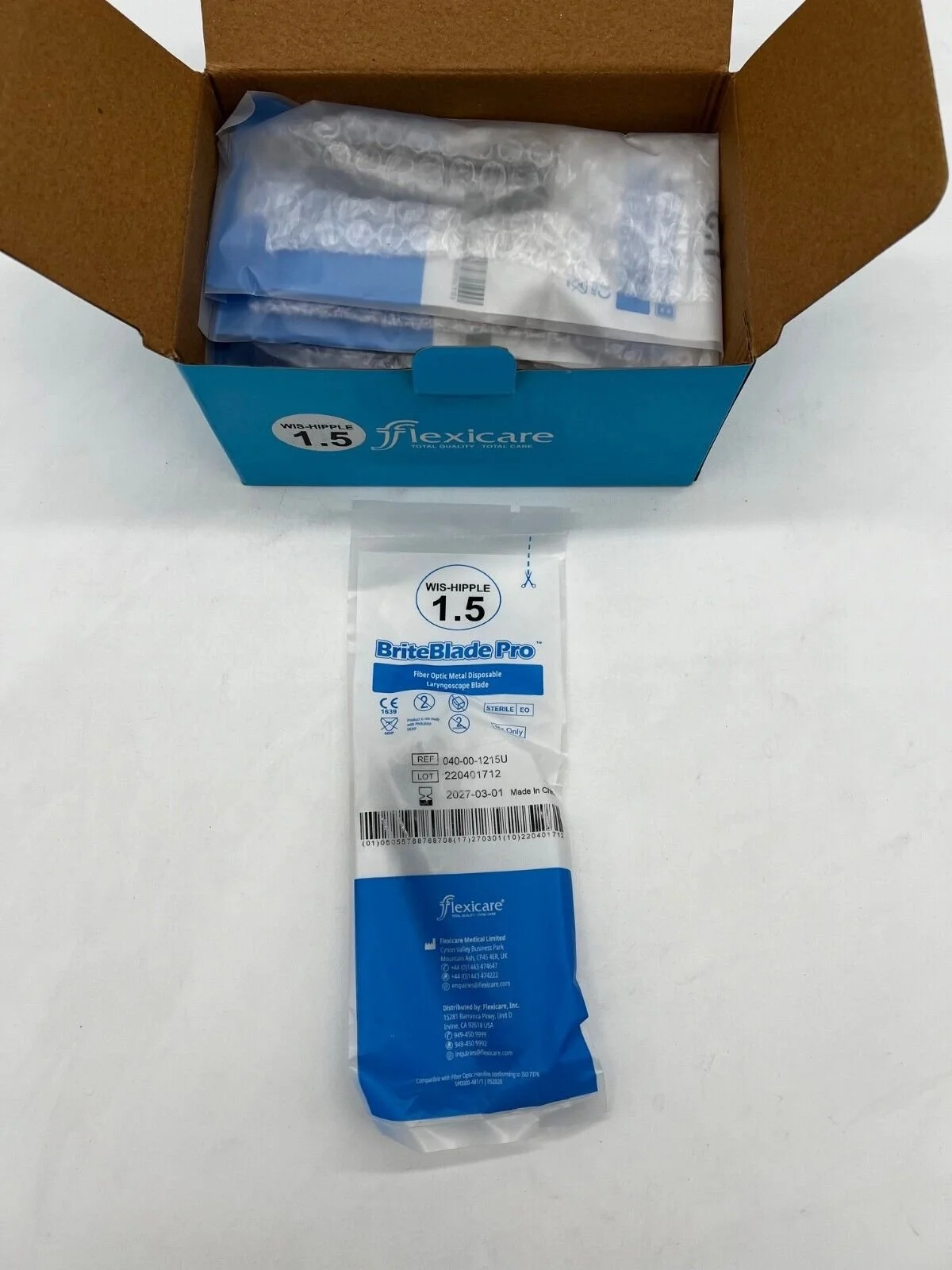 Flexicare | 040-00-1215U | Box of 10 | BriteBlade Pro Fiber Optic Metal Disposable Single-Use Laryngoscope Blade Fiber Optic Wis-Hipple 1.5
