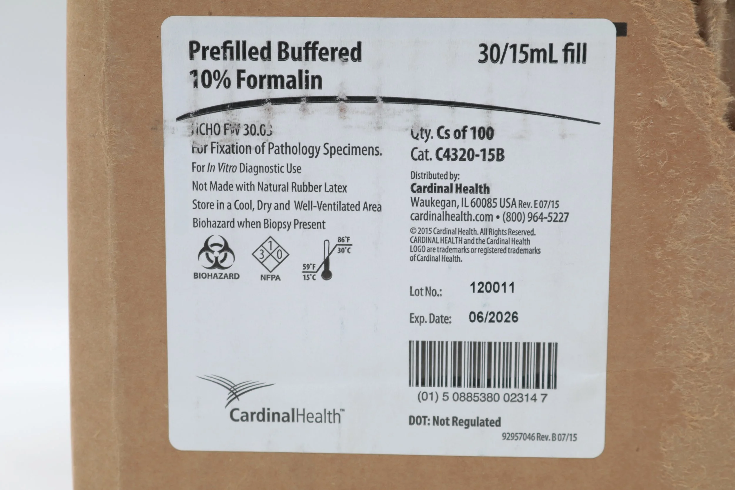 Cardinal Health | C4320-15B | Case of 100 | Prefilled Buffered 10% Formalin 30mL Containers 15mL Fill