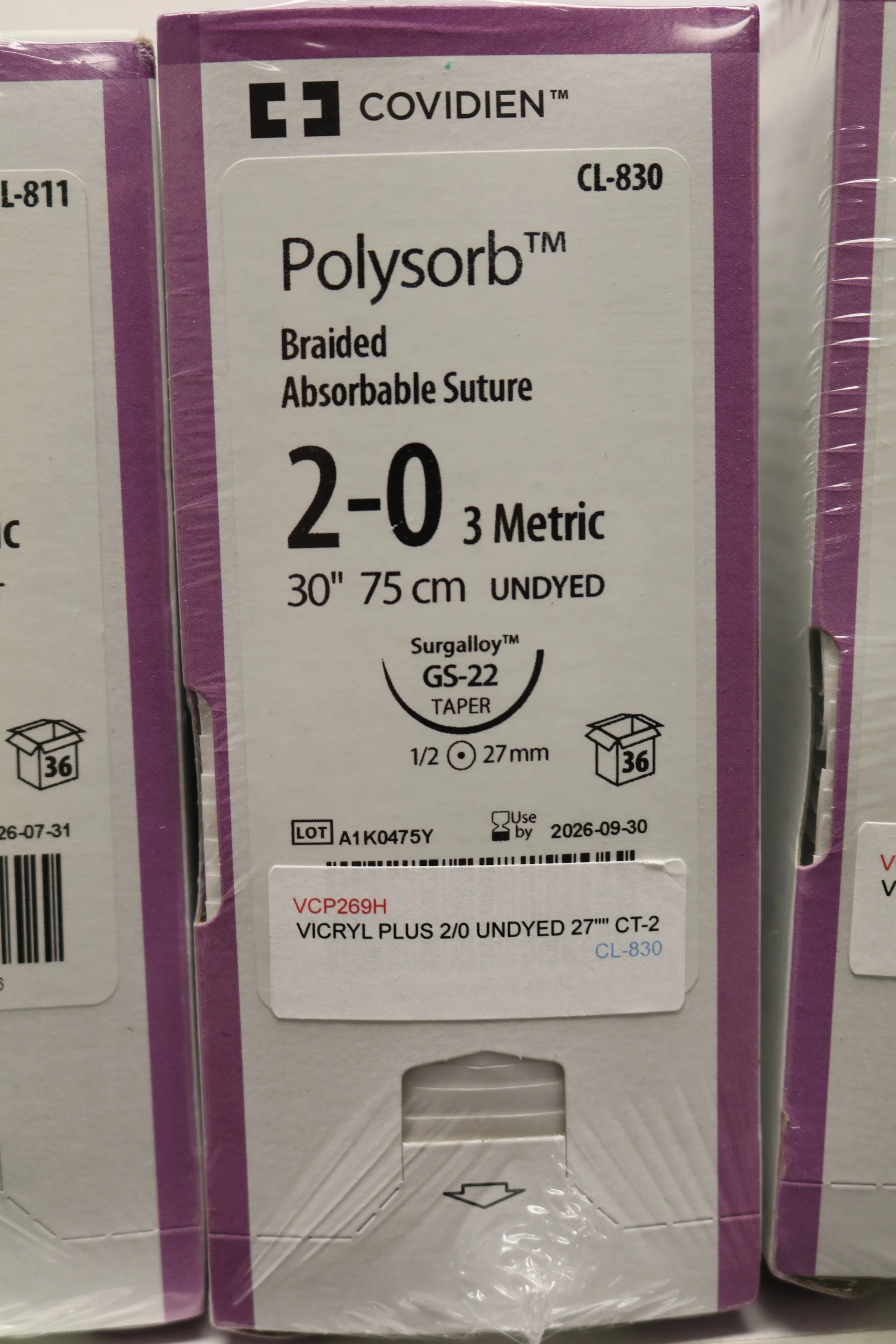 COVIDIEN | CL-830 | PACK of 36/pc | Polysorb Braided Absorbable Suture 2-0 3 Metric 30" 75cm UNDYED