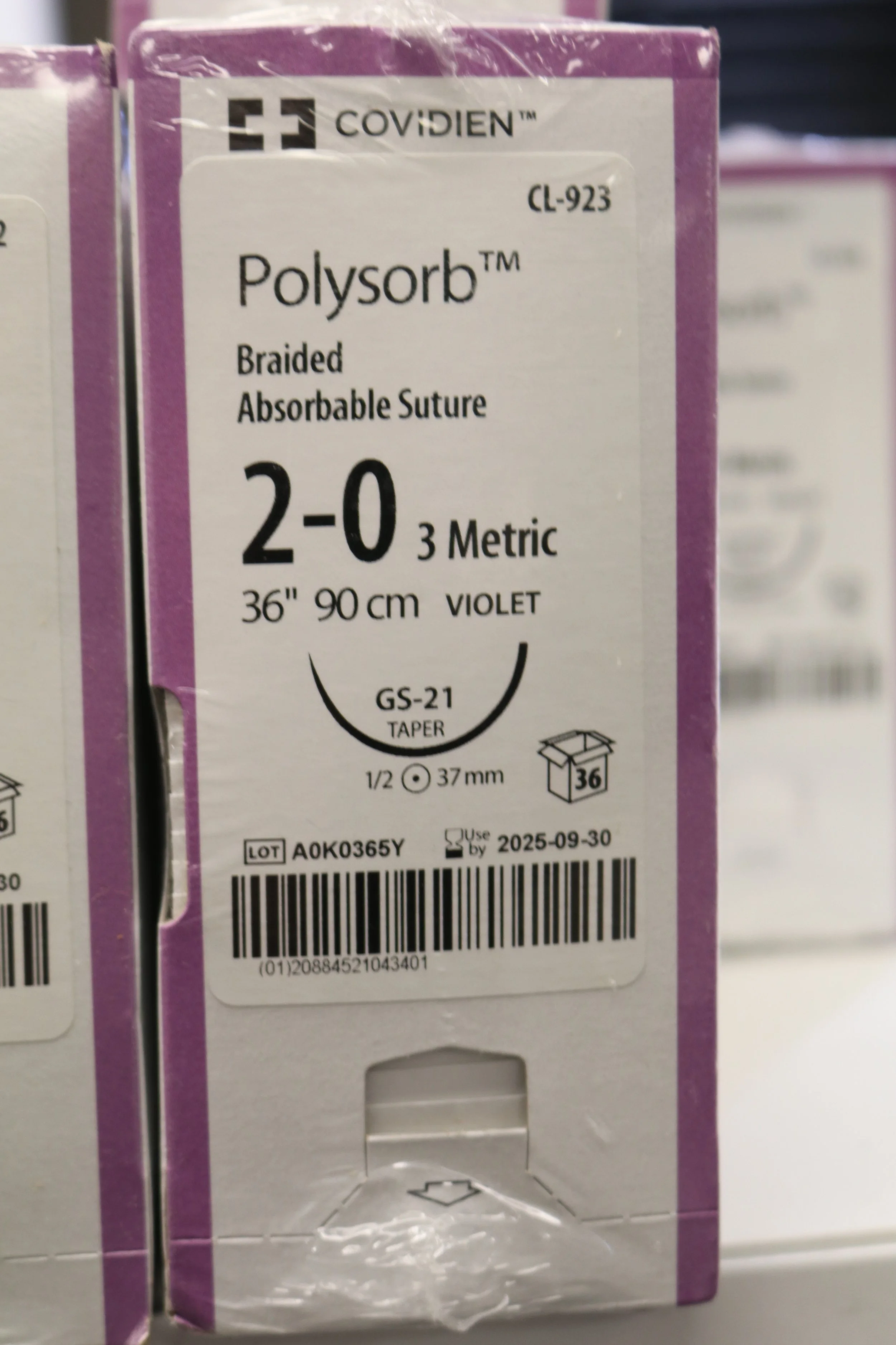 COVIDIEN | CL-923 | IN DATE | Box of 36 | Polysorb Braided Absorbable Suture 2-0 3 Metric 36" 90cm VIOLET
