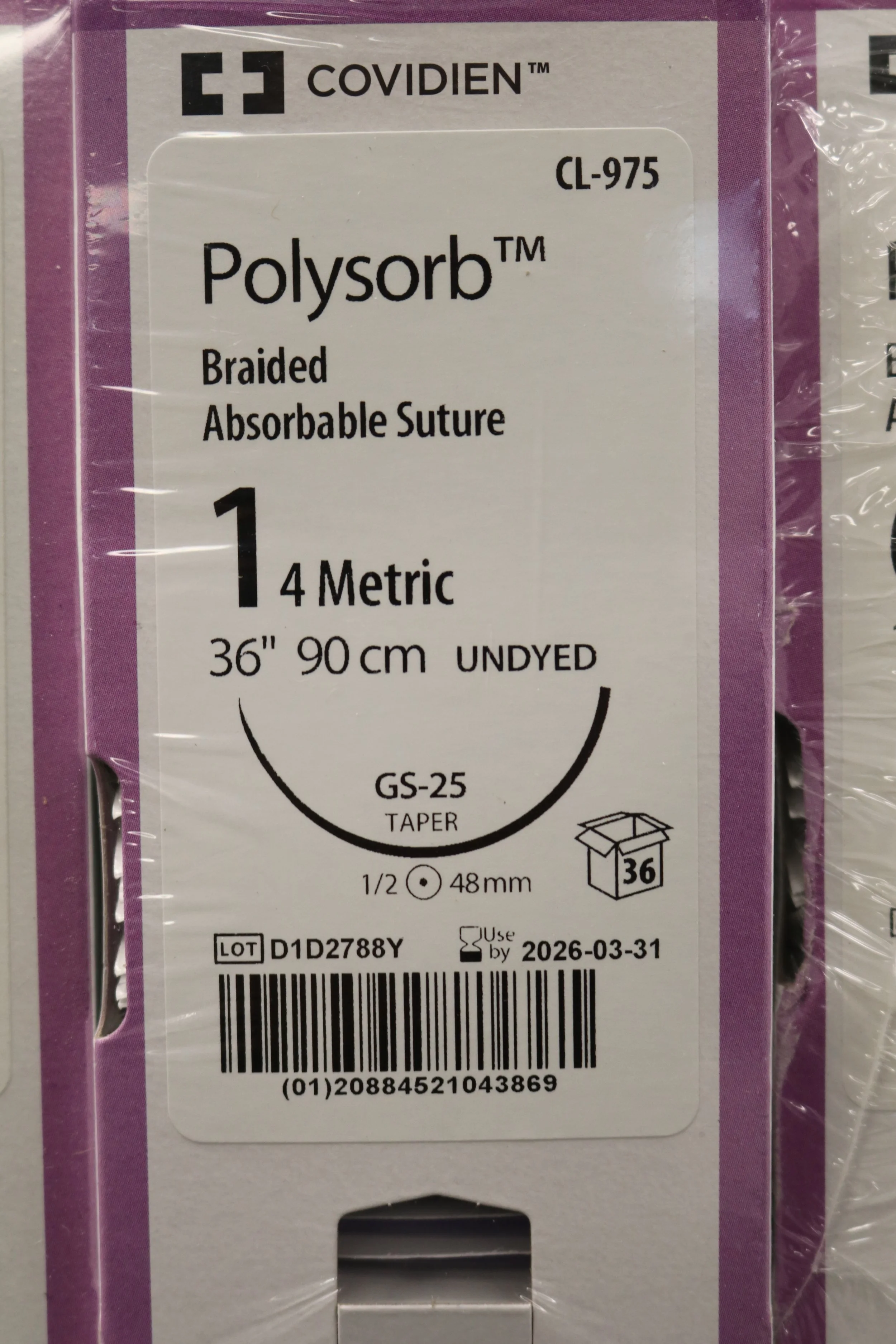 COVIDIEN | CL-975 | PACK of 36/pc | Polysorb Braided Absorbable Suture 1 4 Metric 36" 90cm UNDYED