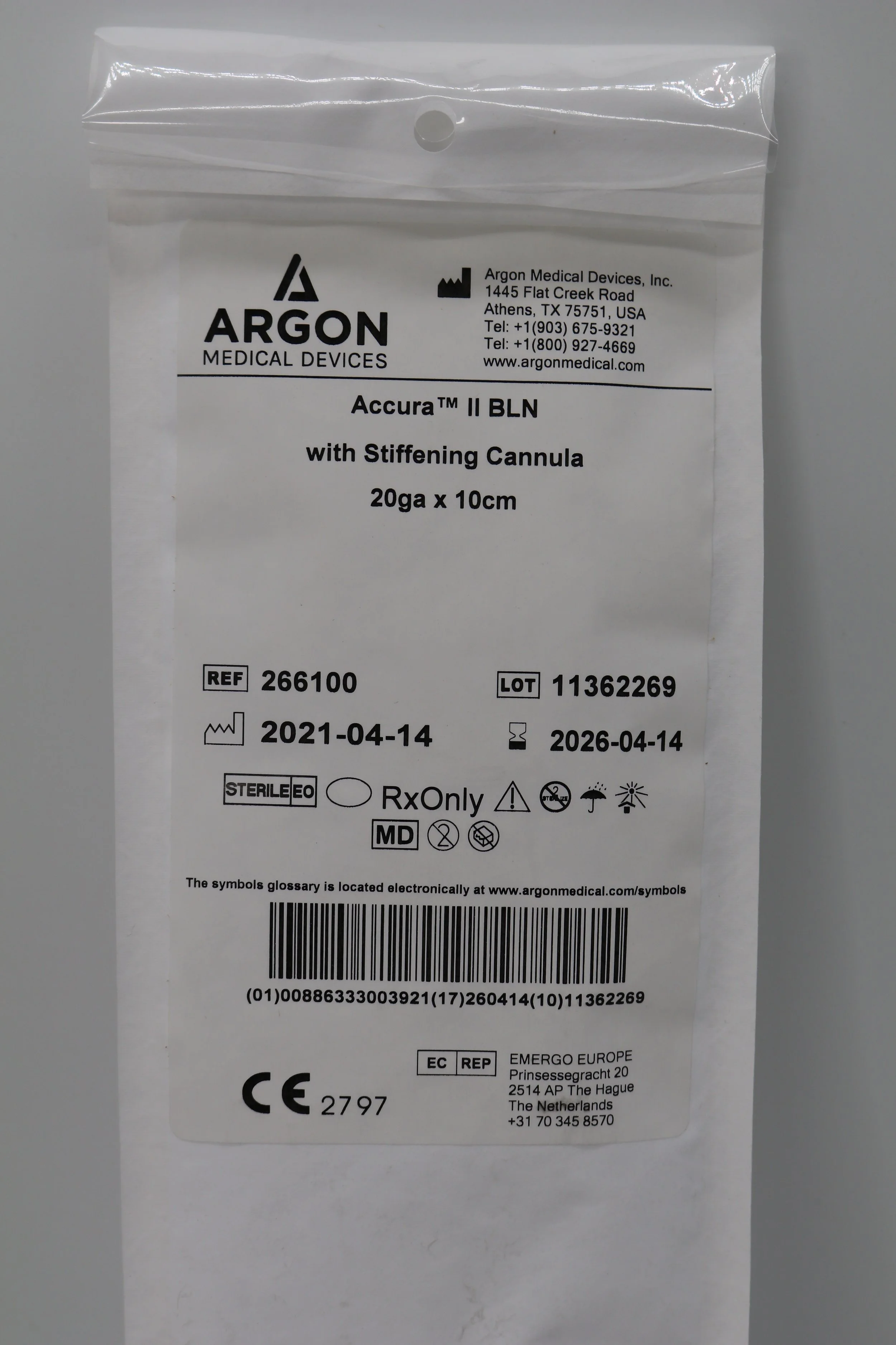 Argon | 266100 | Box of 10 | Accura II BLN with Stiffening Cannula 20ga x 10cm