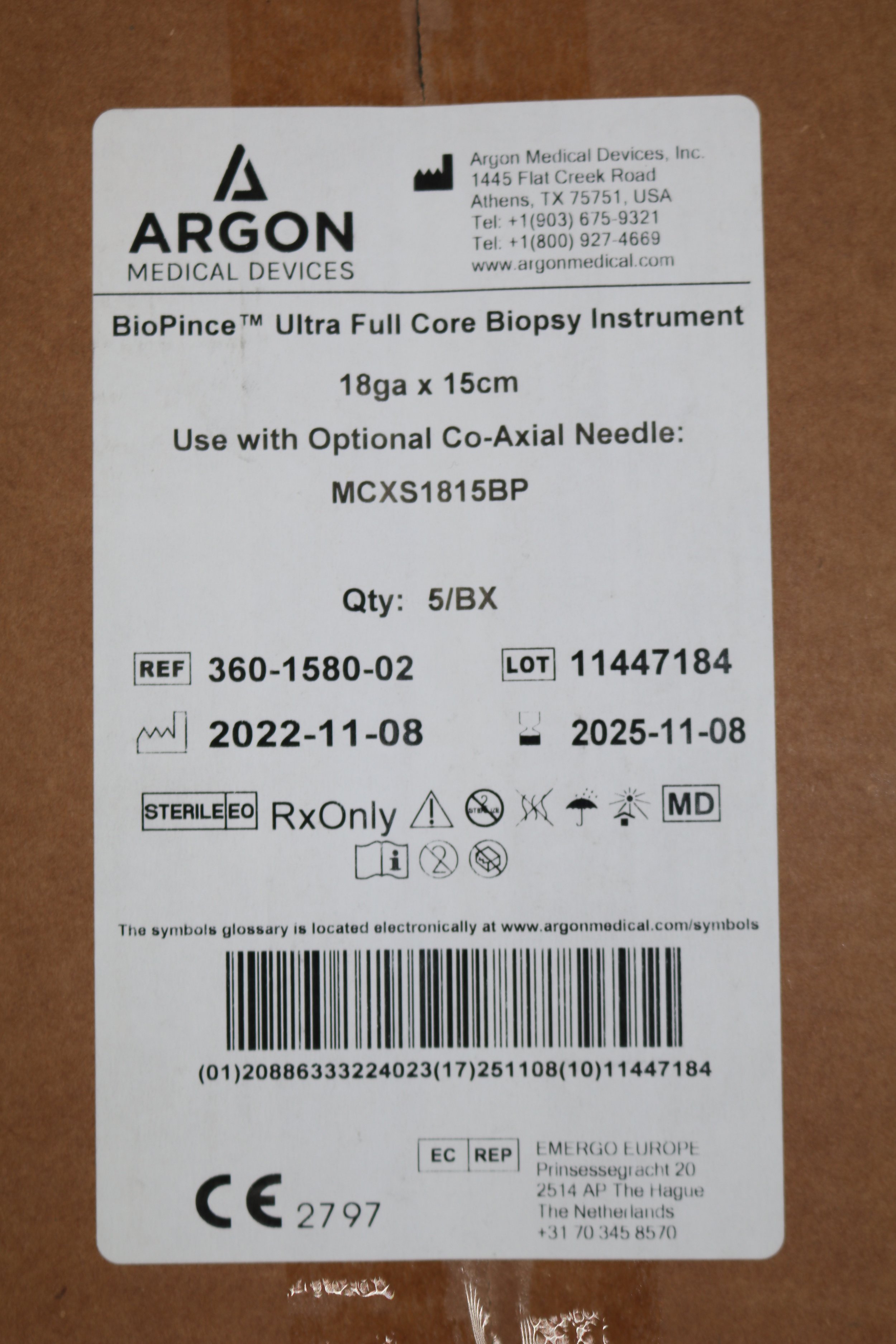 Argon | 360-1580-02 | Box of 5 | BioPince Ultra FUll Core Biopsy Instrument 18ga x 15cm